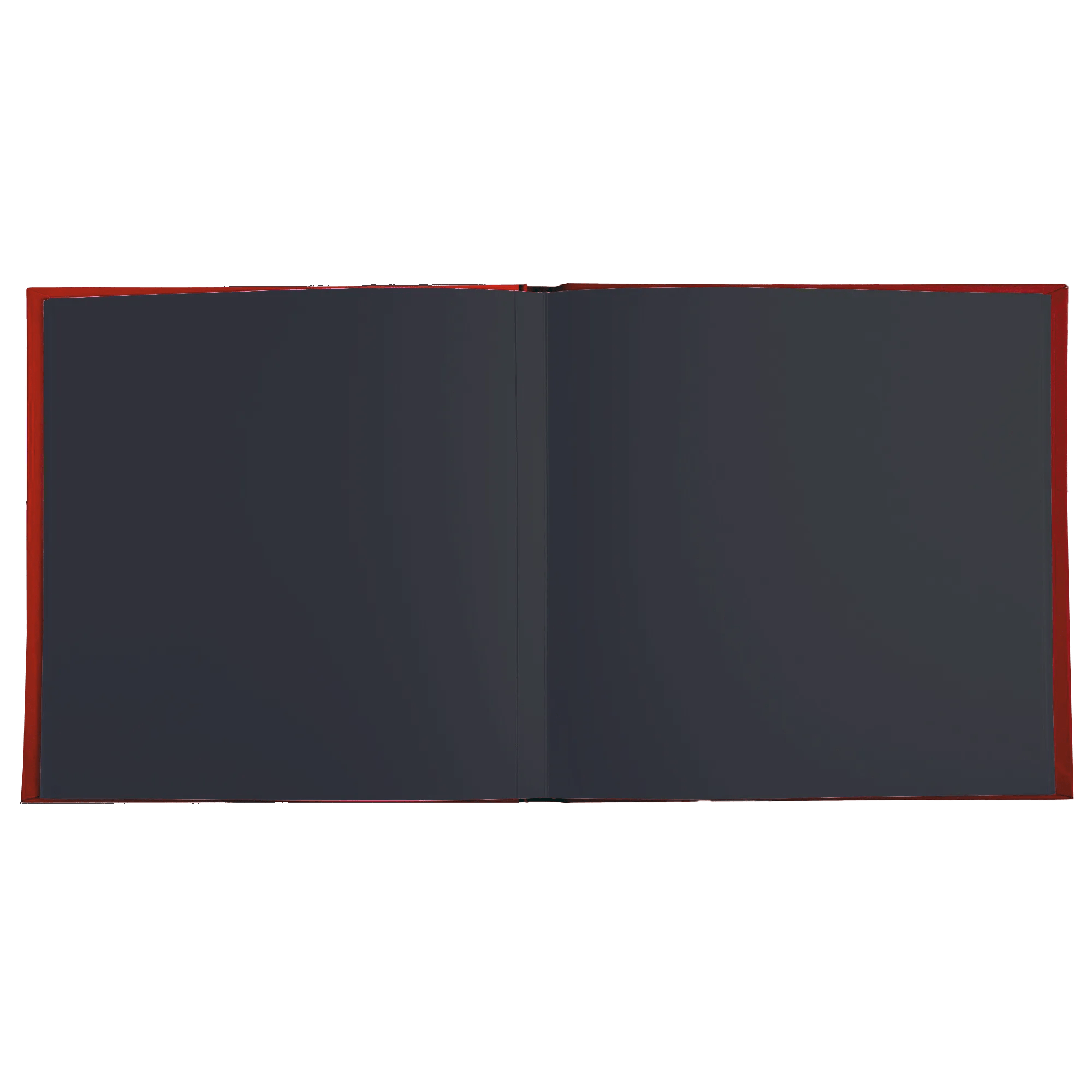 Un libro abierto con tapa roja y páginas oscuras.
