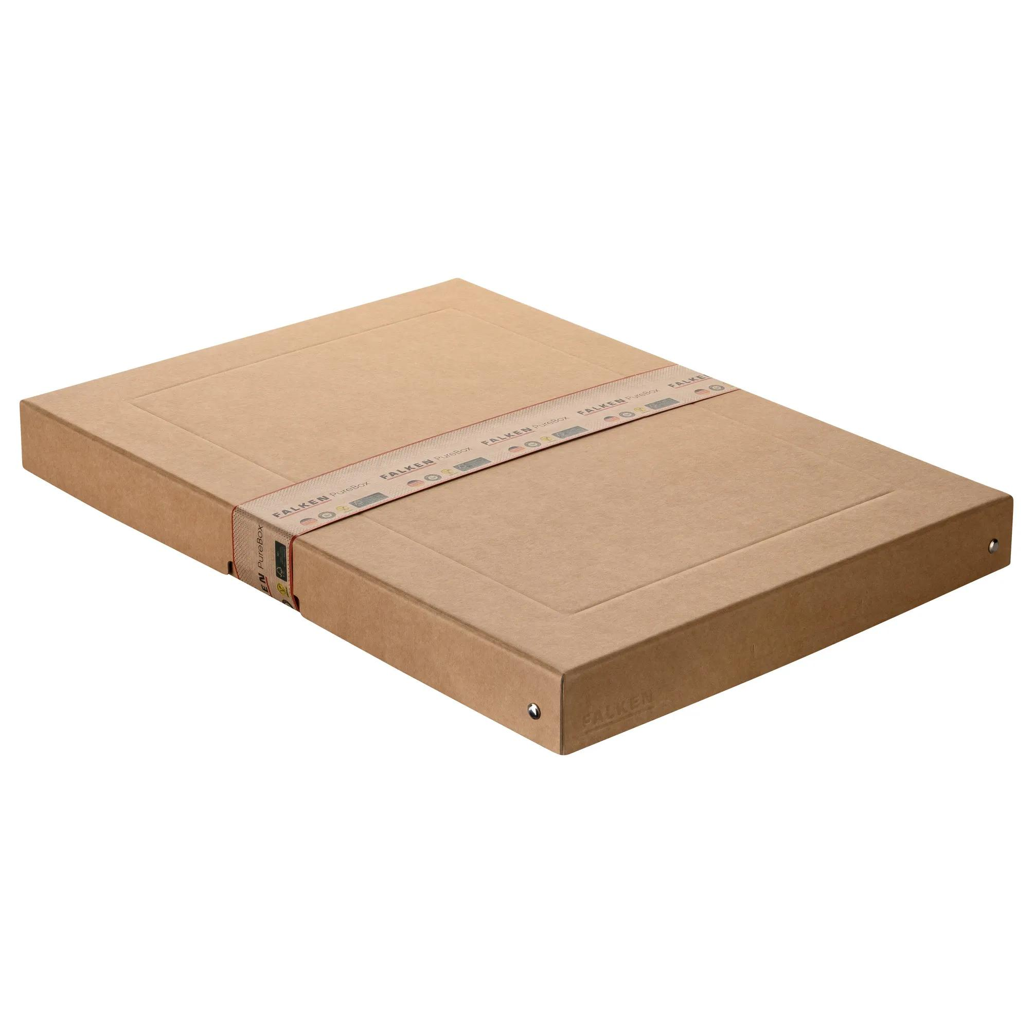 Una caja plana de cartón marrón asegurada con cinta roja que dice FALKEN PureBox.