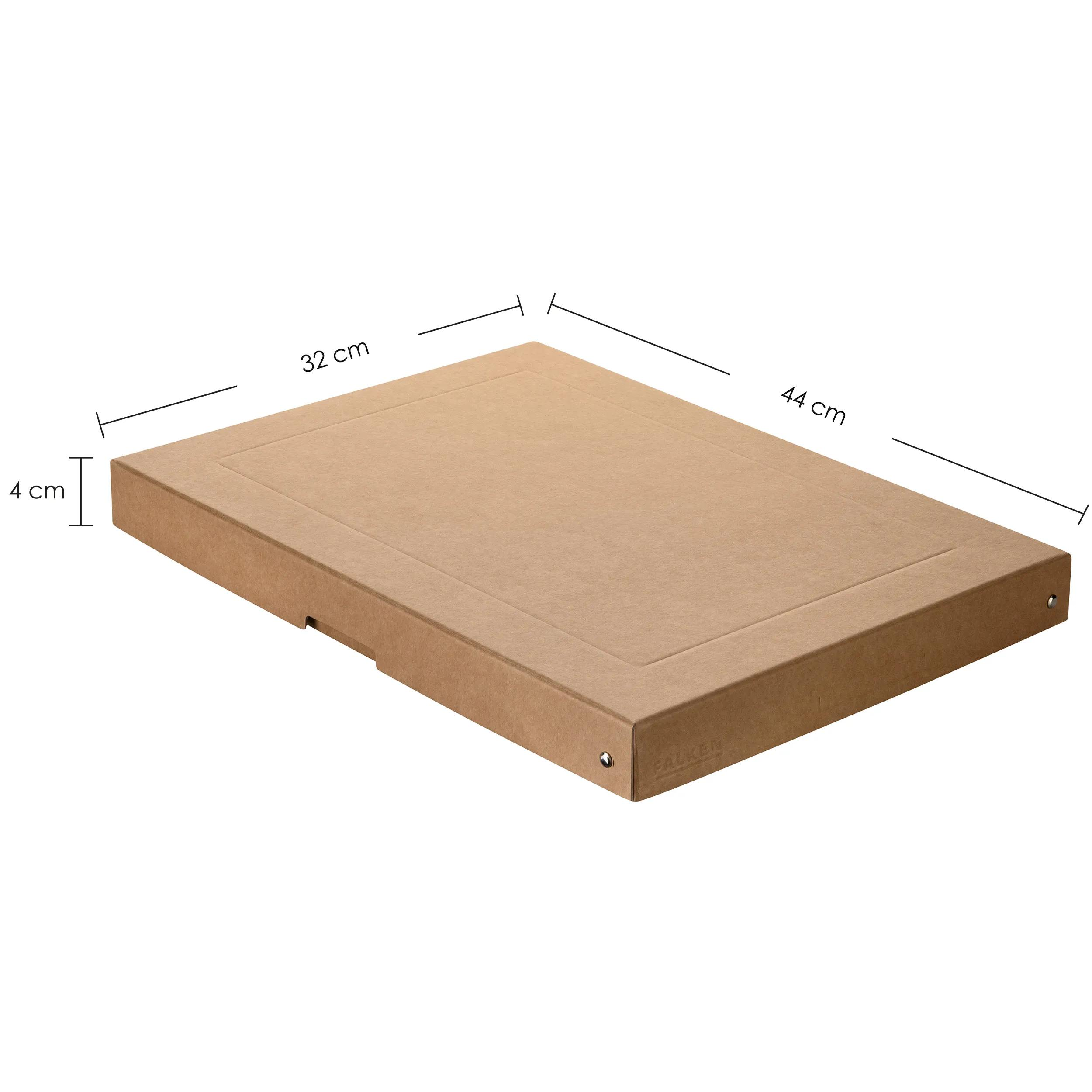 Una caja plana de cartón marrón, 4 cm de alto, 32 cm de ancho.