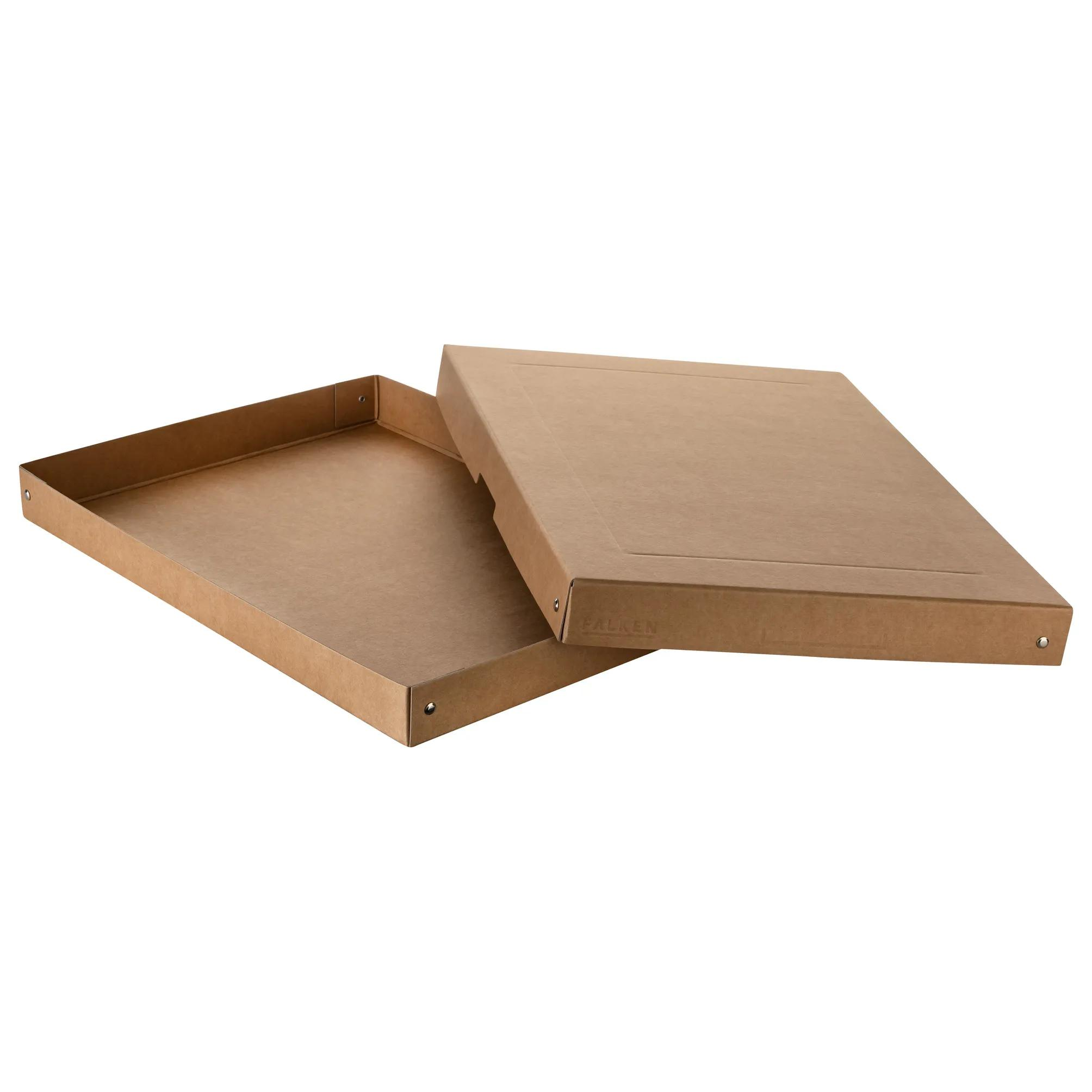 Una caja de cartón marrón, abierta con su tapa al lado.