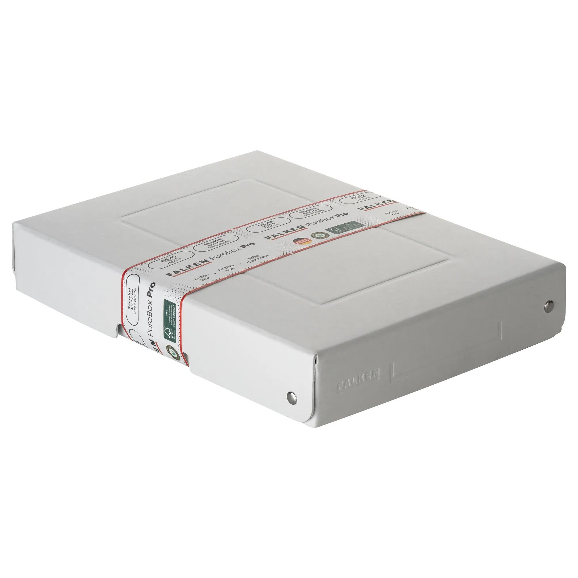 Una caja de archivo blanca FALKEN PureBox Pro con una banda roja impresa con información del producto.