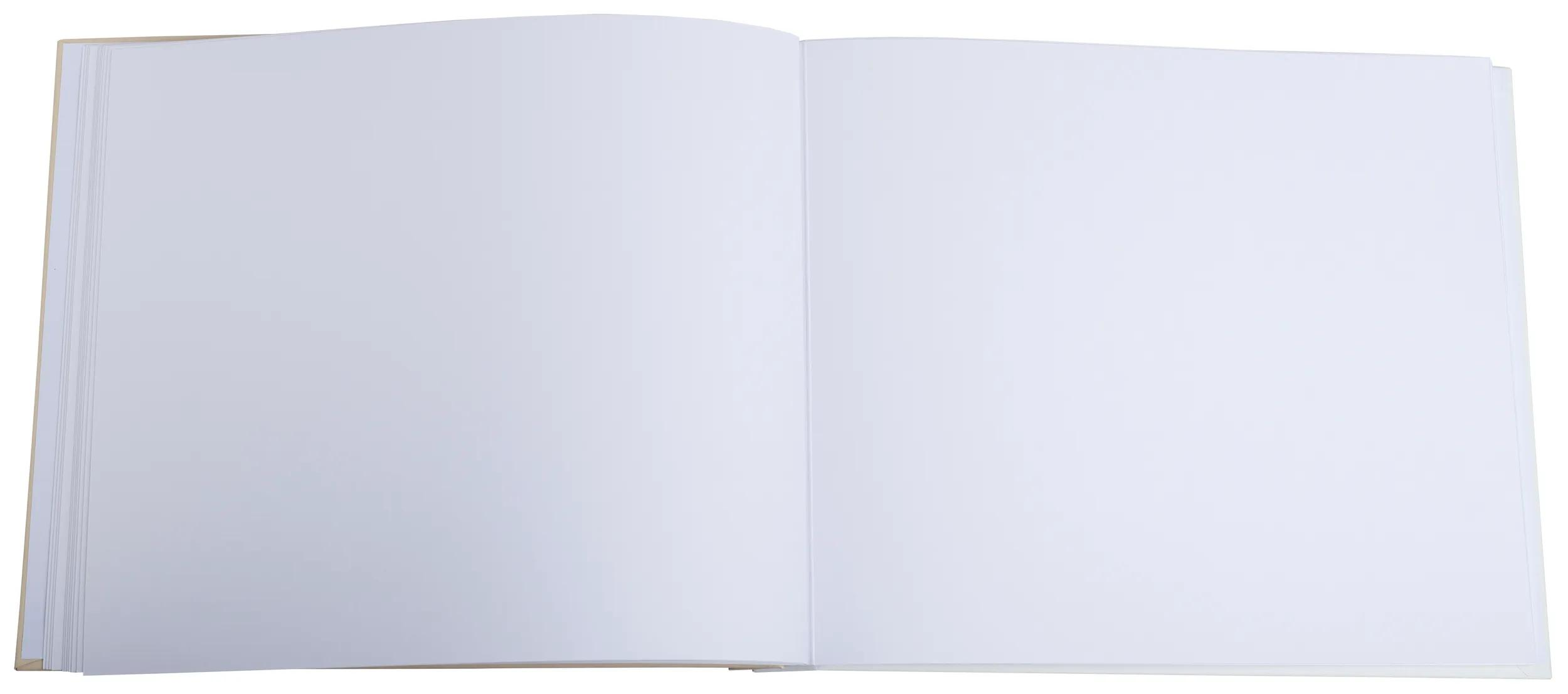 Un taccuino aperto con pagine bianche vuote e copertina beige.