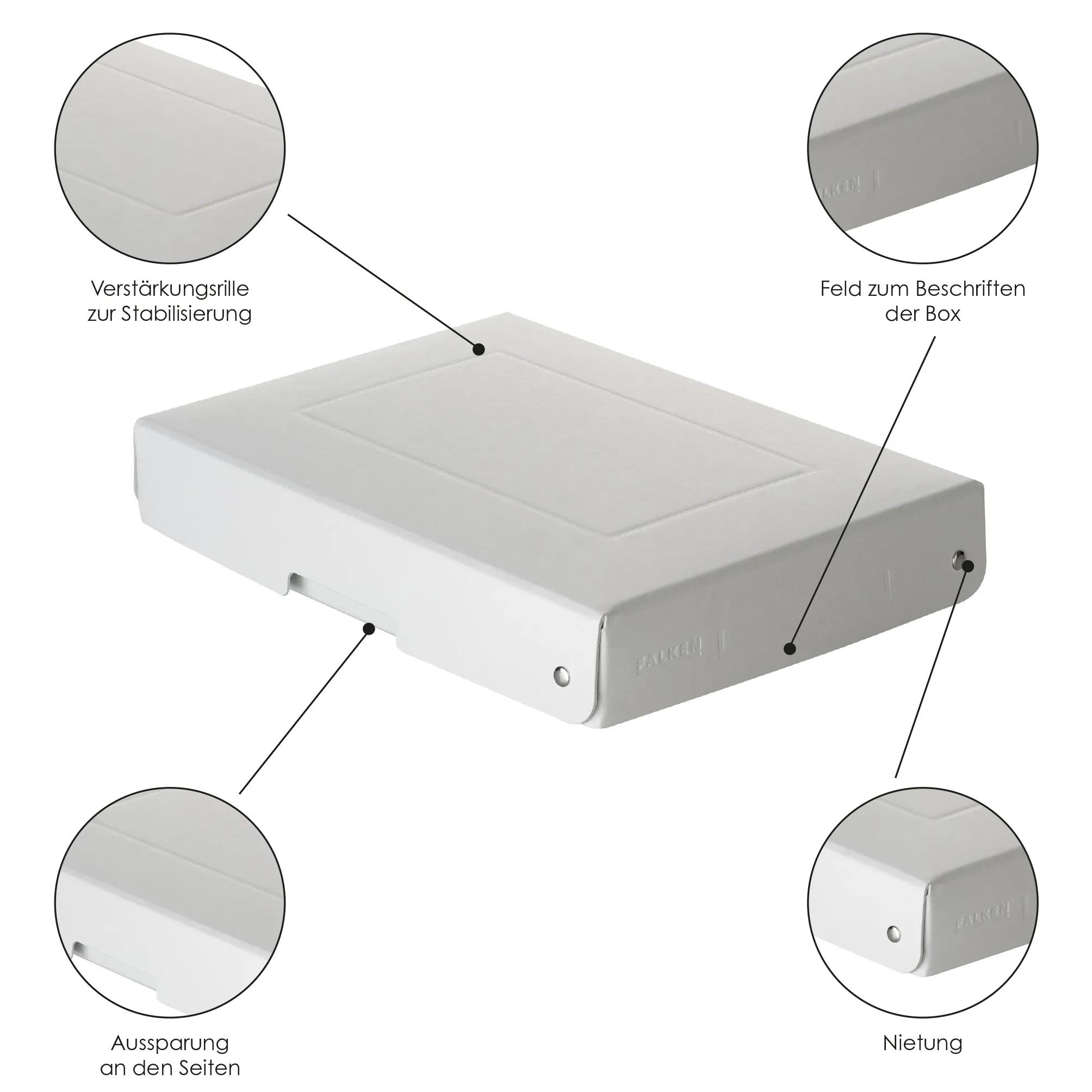 Caja de almacenamiento blanca con campo para etiquetar y ranura de refuerzo.
