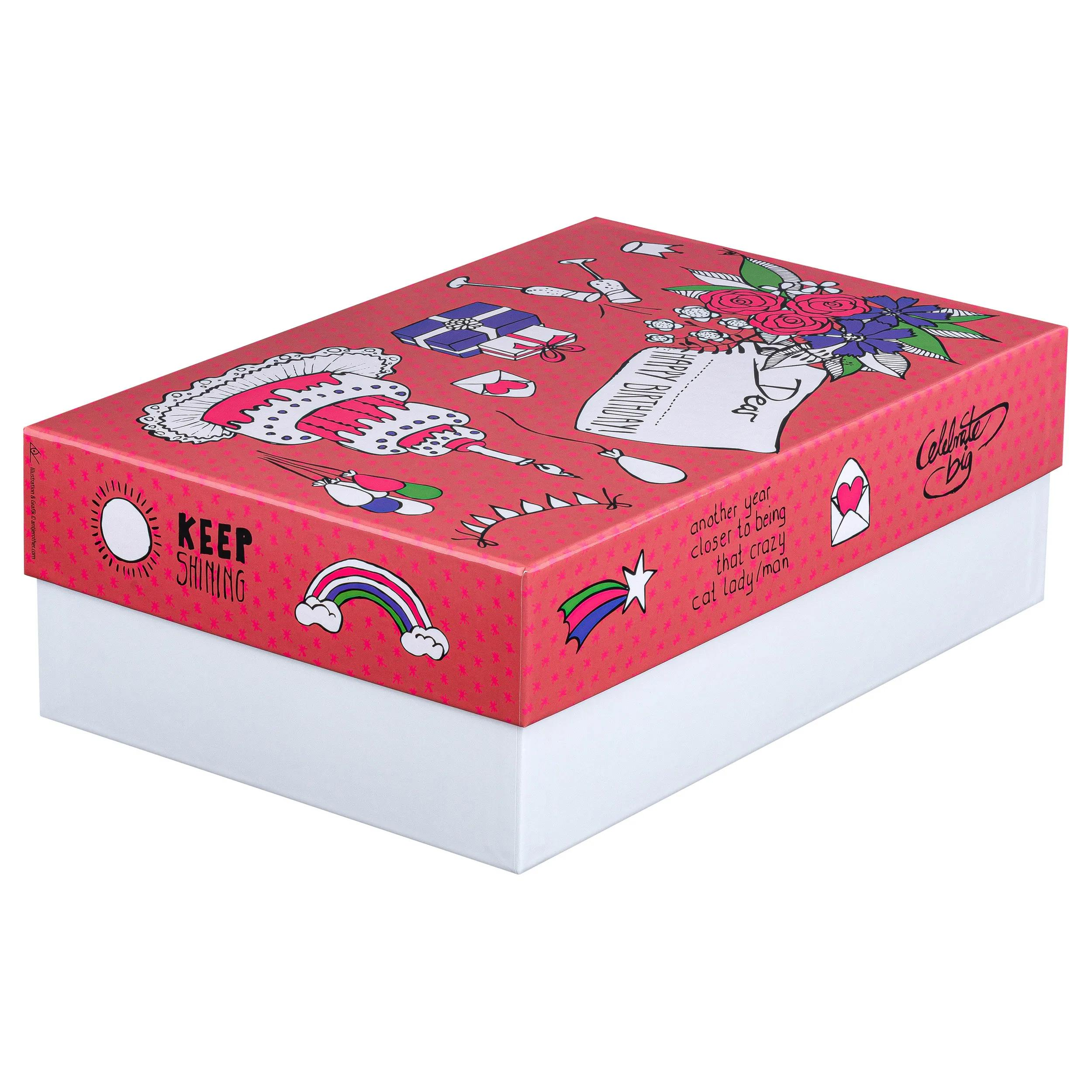 Caja de regalo roja con ilustraciones de sol, arcoíris y flores.