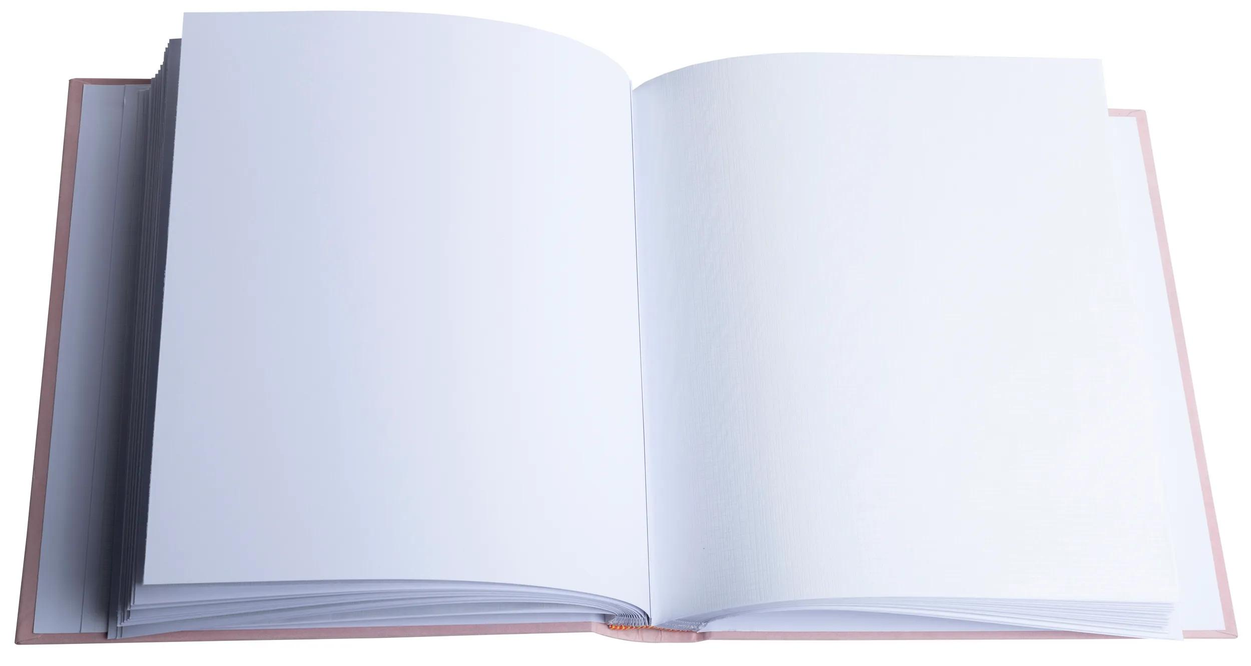 Un libro abierto con páginas blancas y vacías y una cubierta rosa.