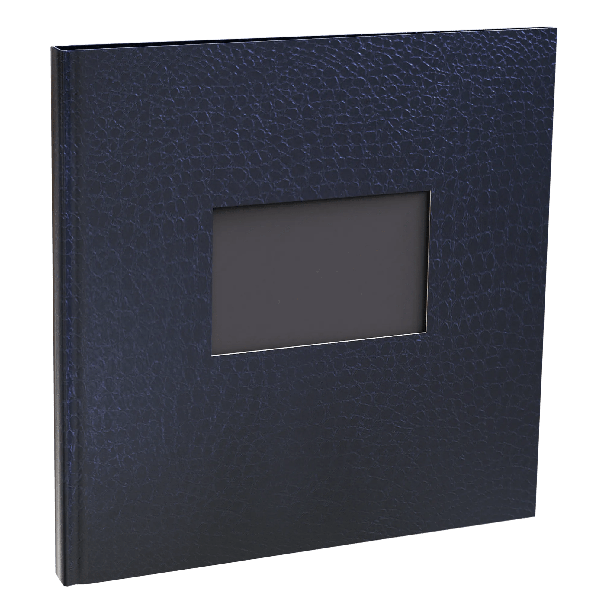 Libro azul oscuro con cubierta texturizada y ventana.