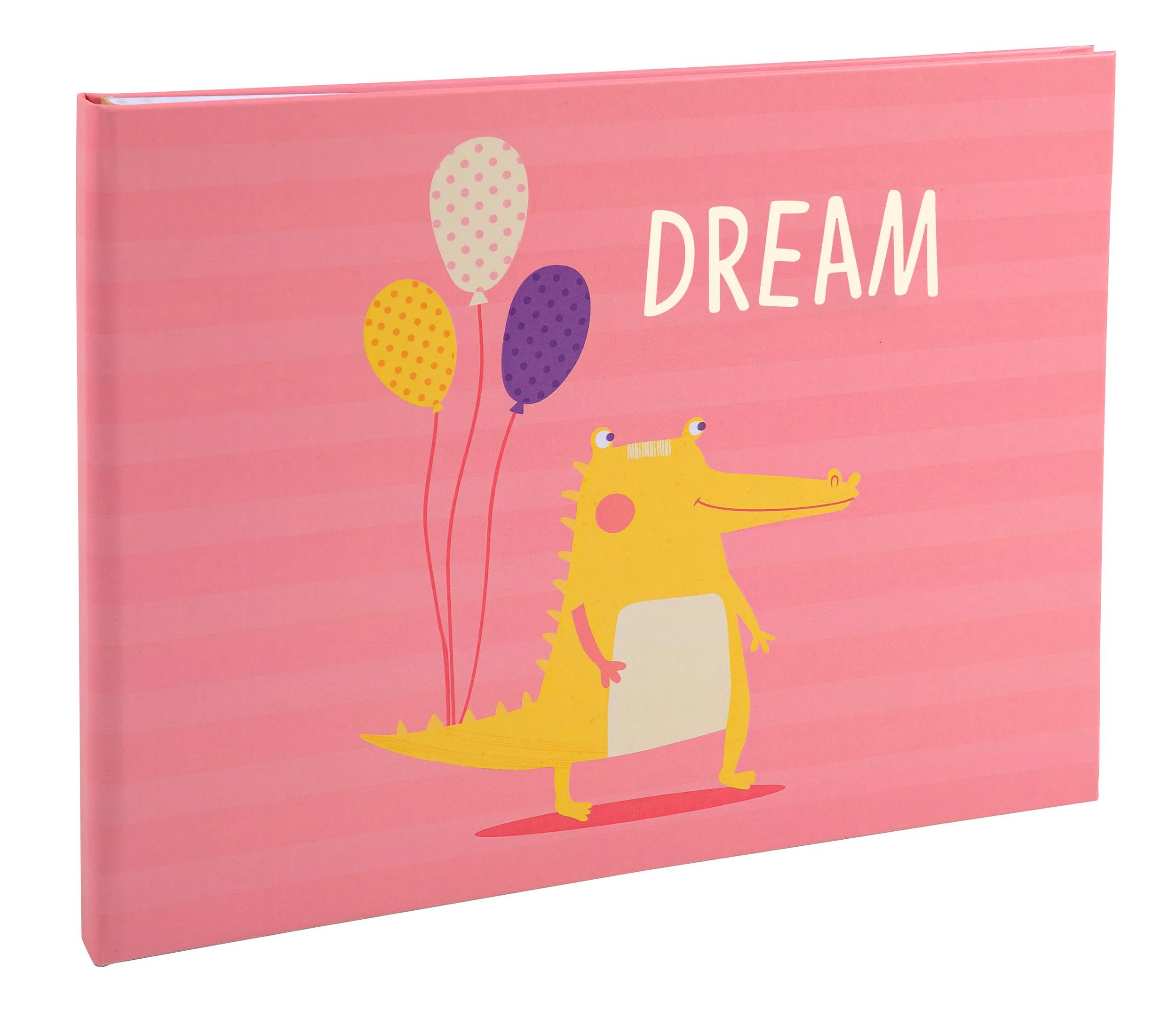 Un cocodrilo amarillo con globos y la palabra DREAM sobre fondo rosa.