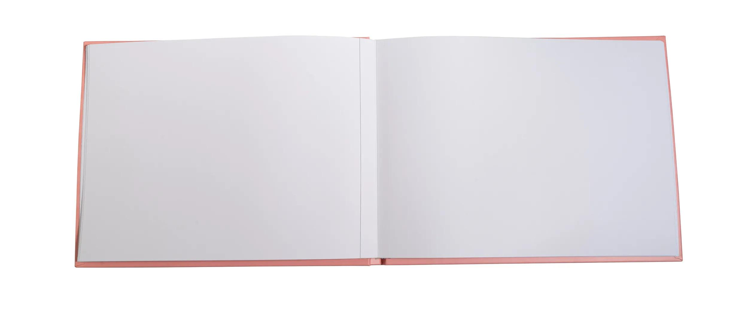 Un libro abierto con tapa rosa y páginas blancas vacías.