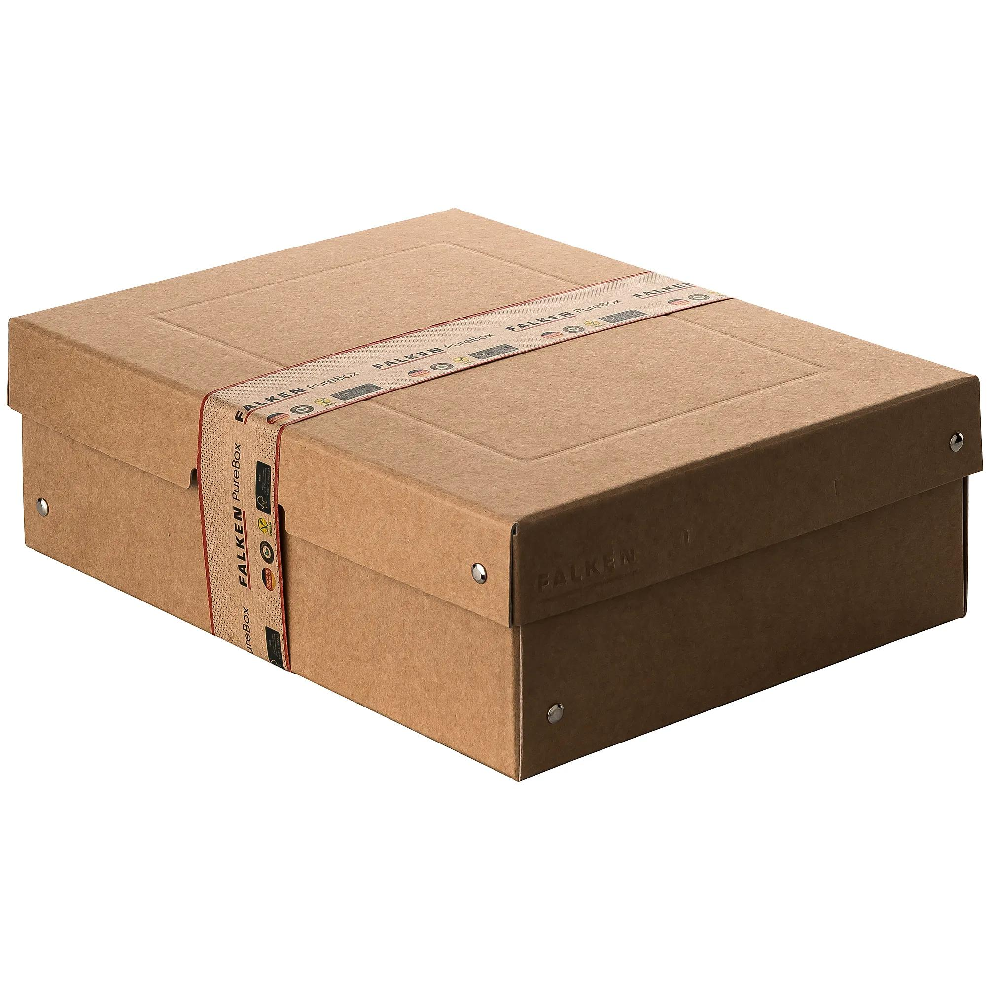 Caja de cartón marrón con cinta FALKEN PureBox y remaches metálicos.