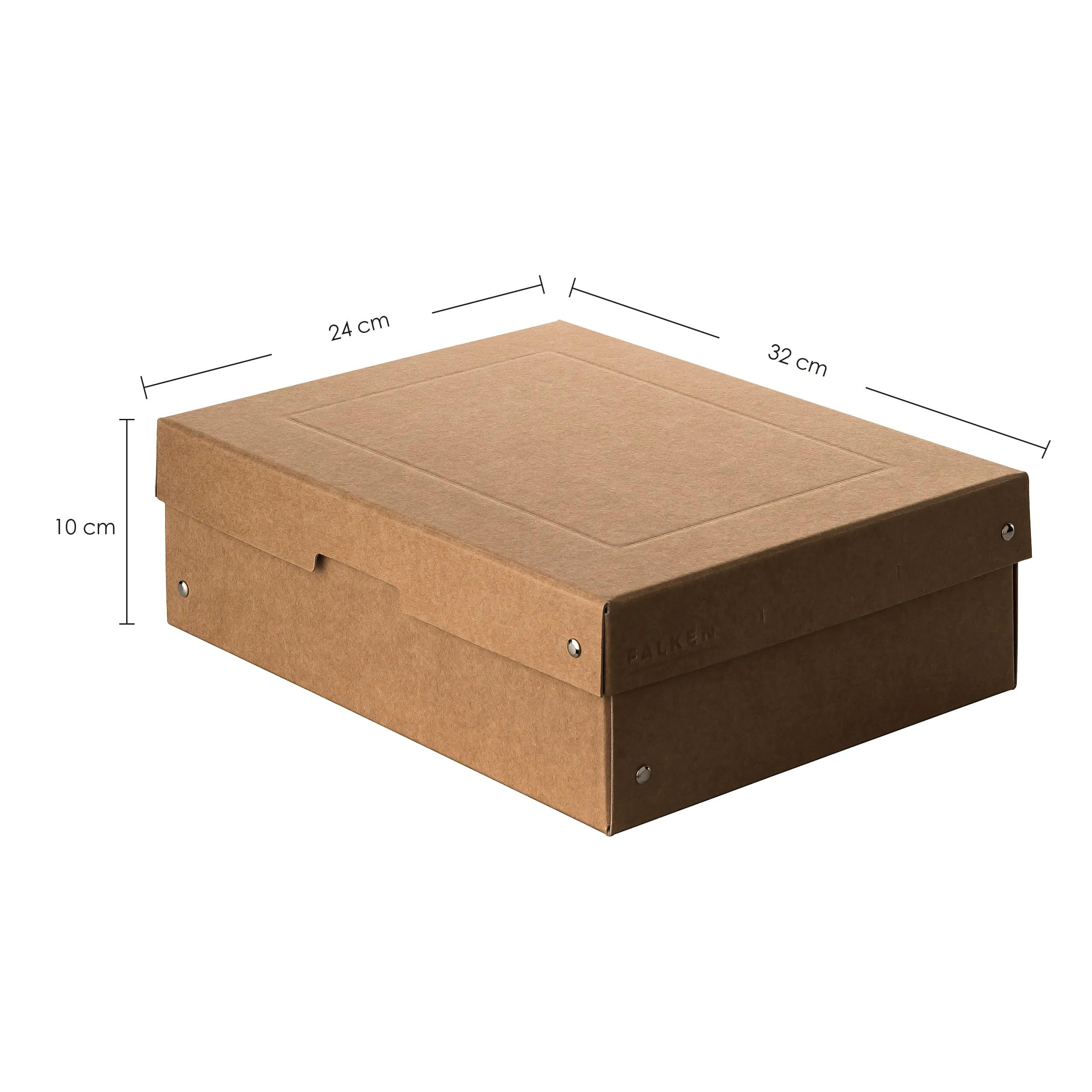Caja de cartón marrón, 32x24x10cm, sobre fondo blanco.