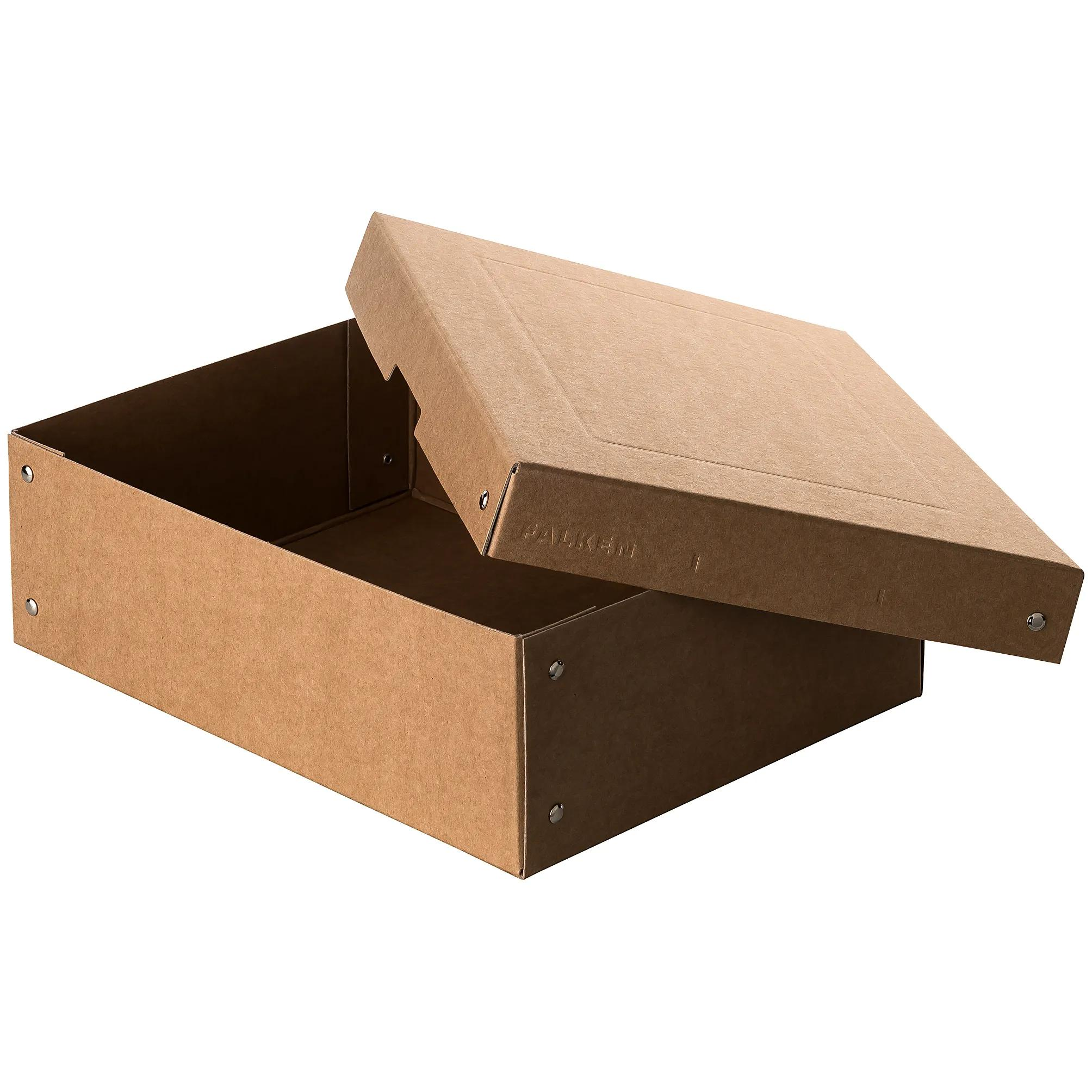 Caja de cartón marrón con tapa abierta.
