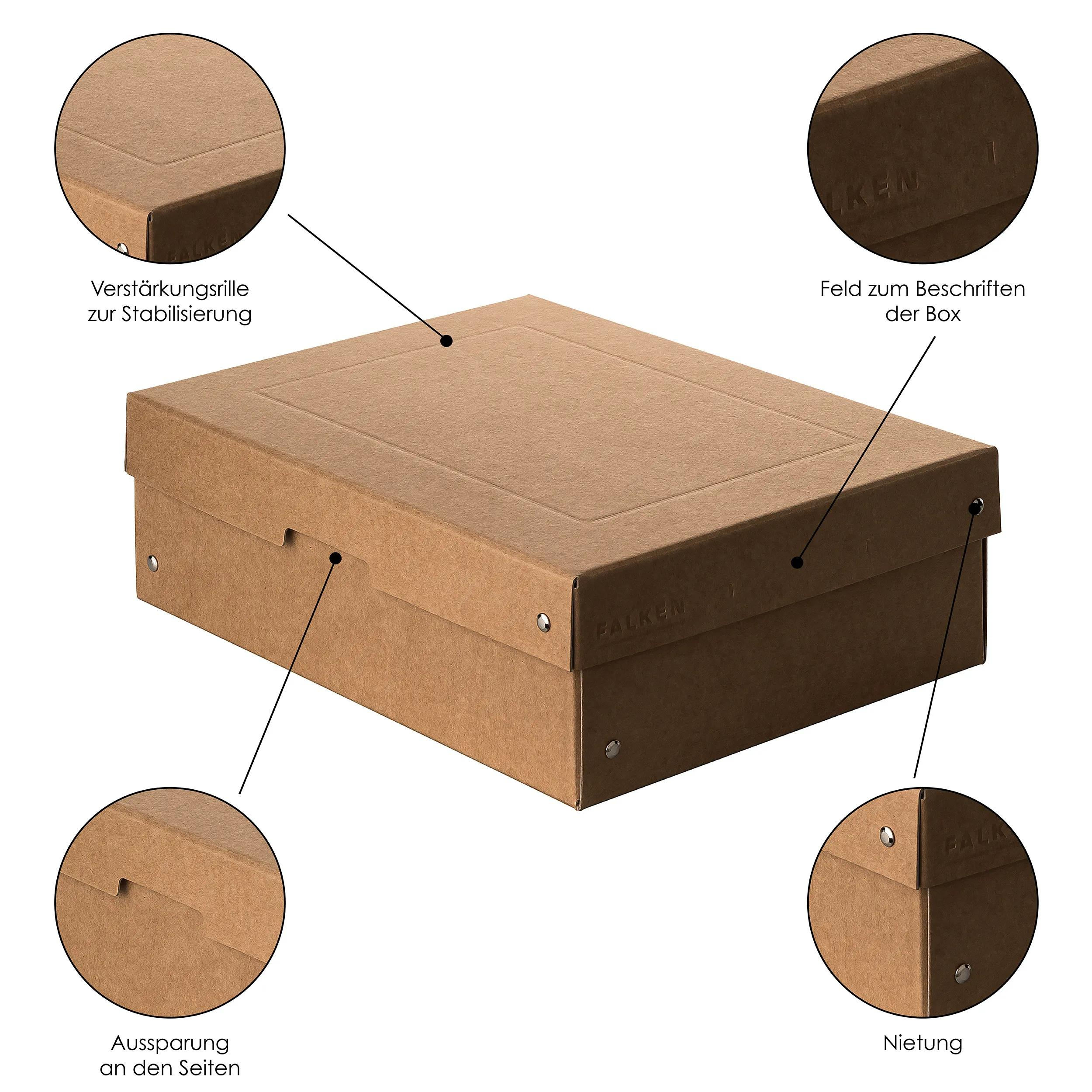 Caja de cartón marrón con borde reforzado, área de etiquetado y remaches.