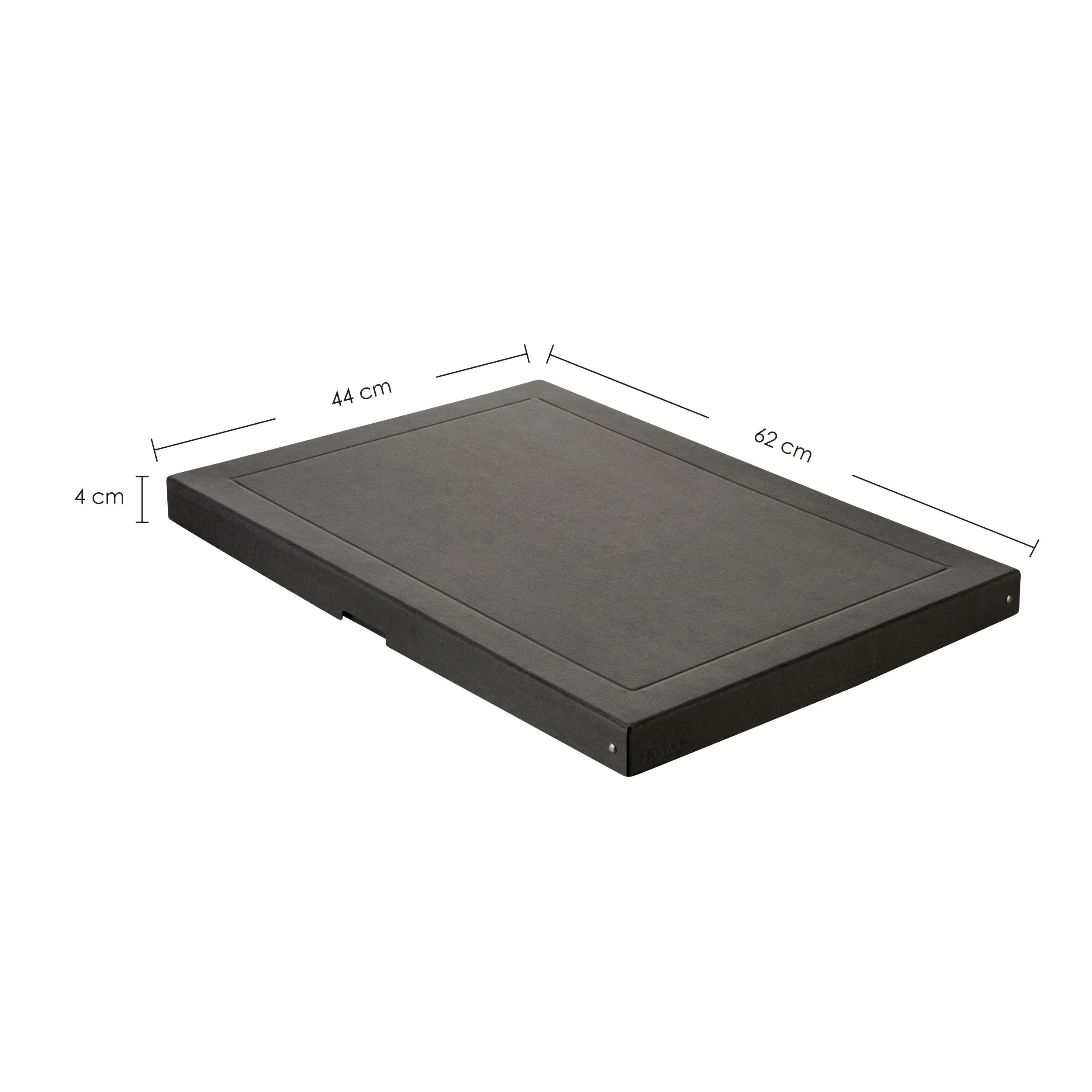 Una base de cama rectangular oscura de 62x44x4 cm.