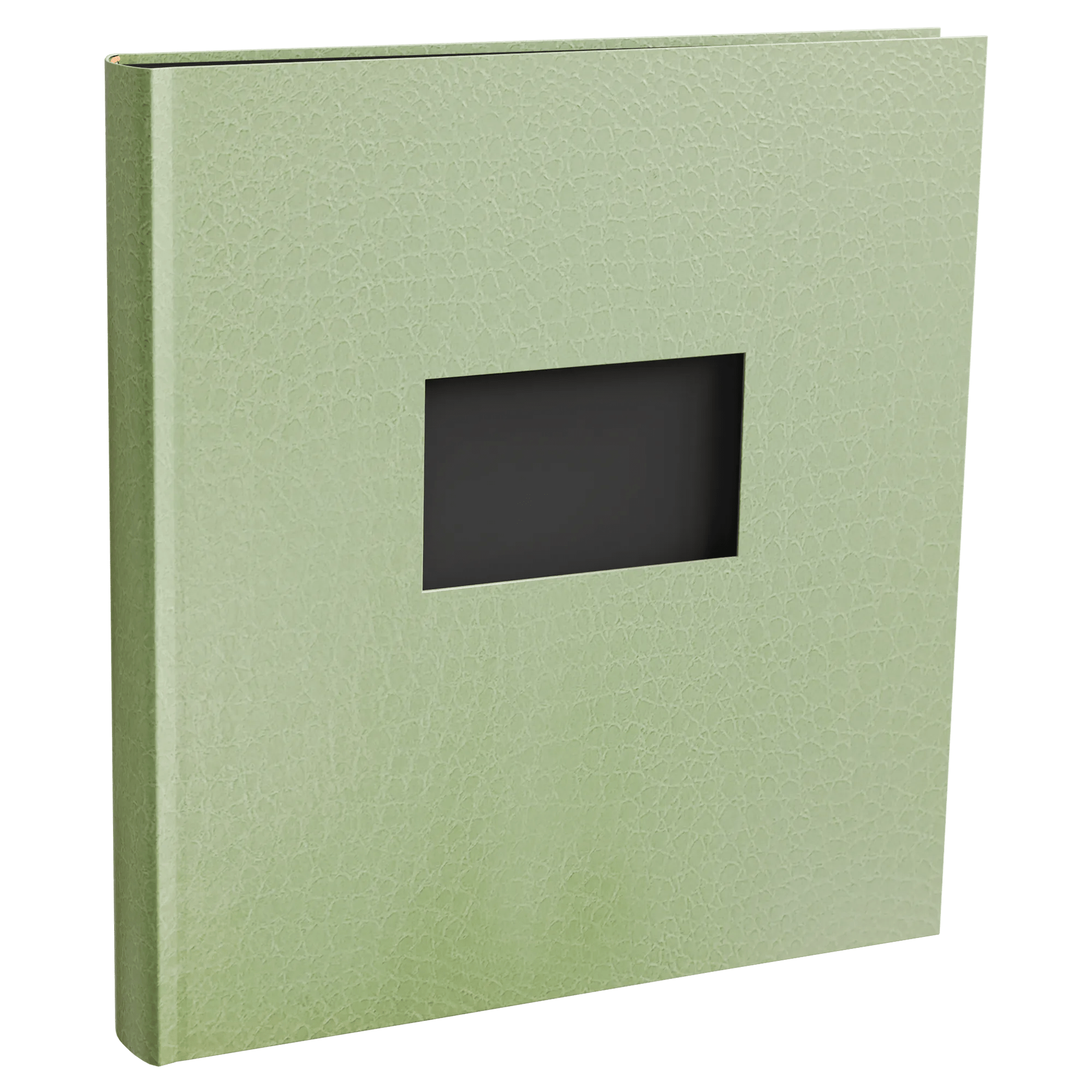 Carpeta verde claro con textura grabada y recorte rectangular negro.