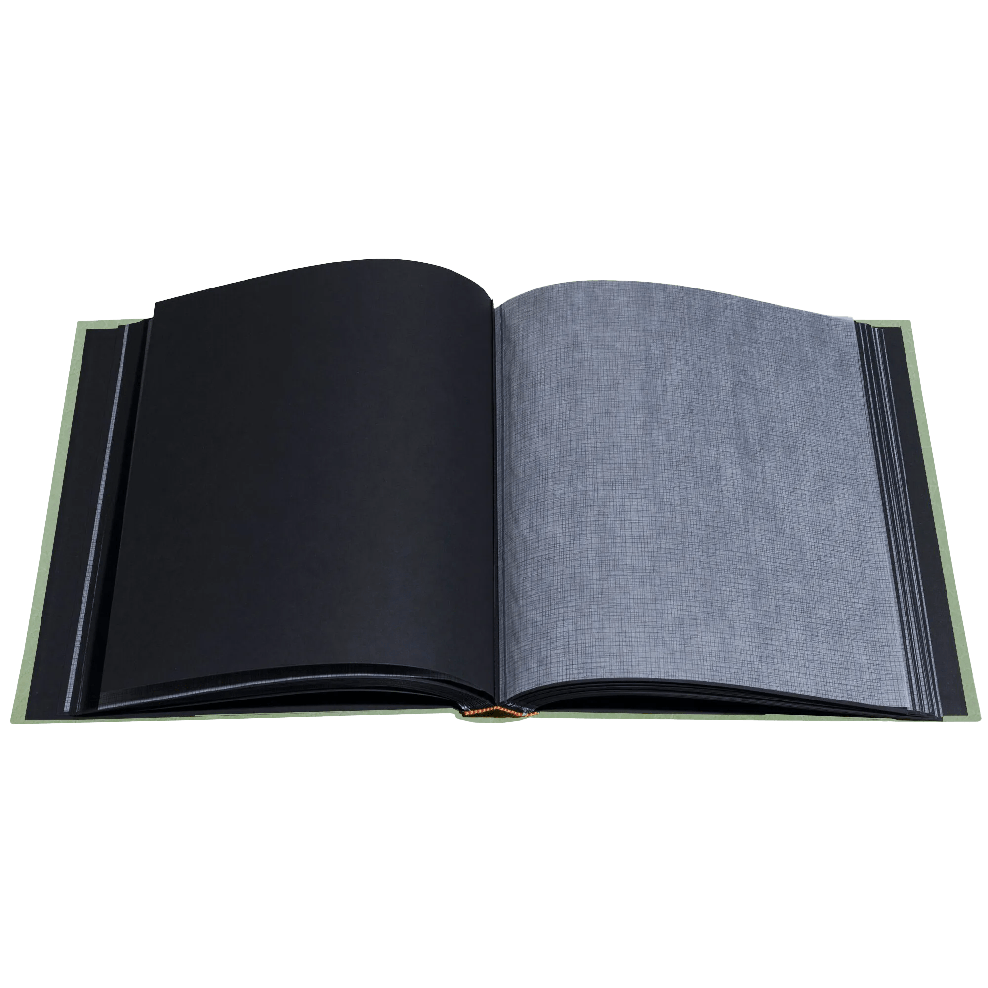 Un libro abierto con páginas negras y grises. Cubierta verde claro.