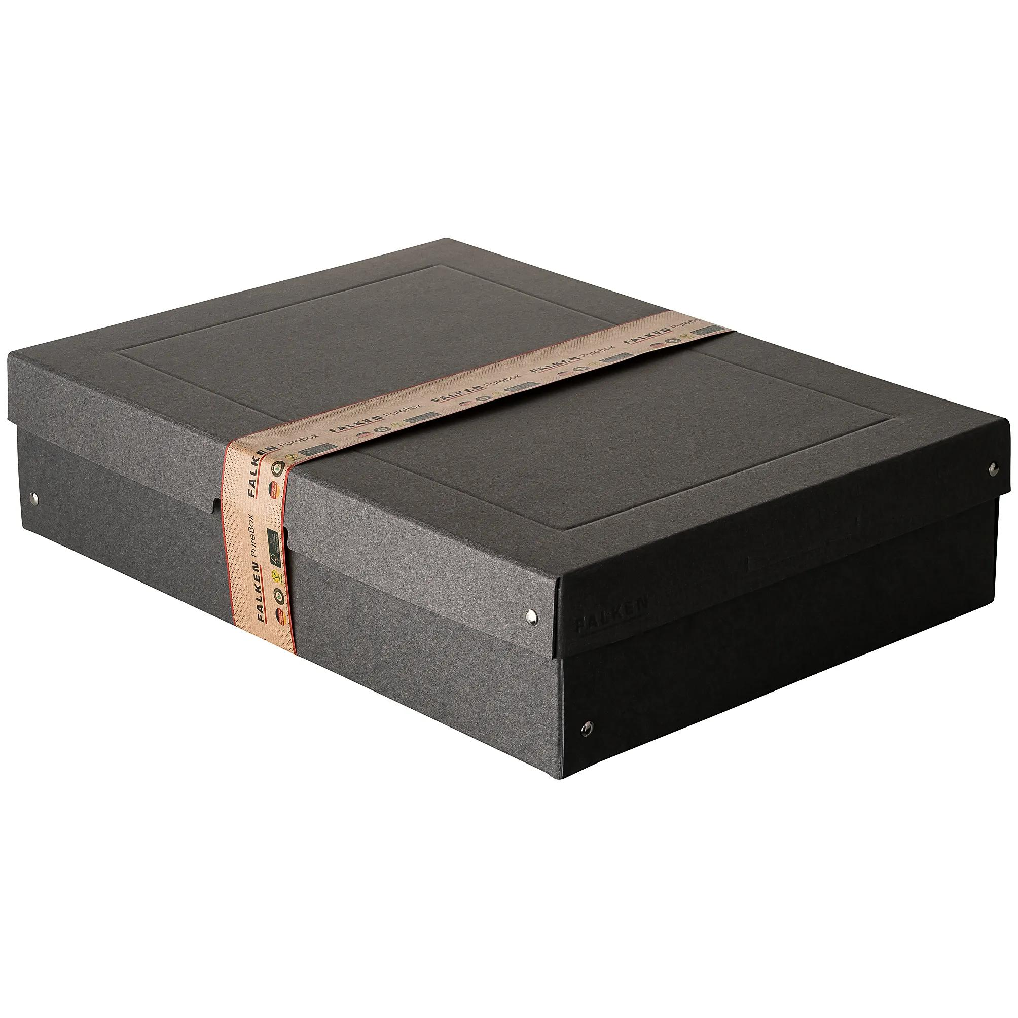 Una caja de almacenamiento gris oscuro asegurada con una banda impresa FALKEN PureBox.