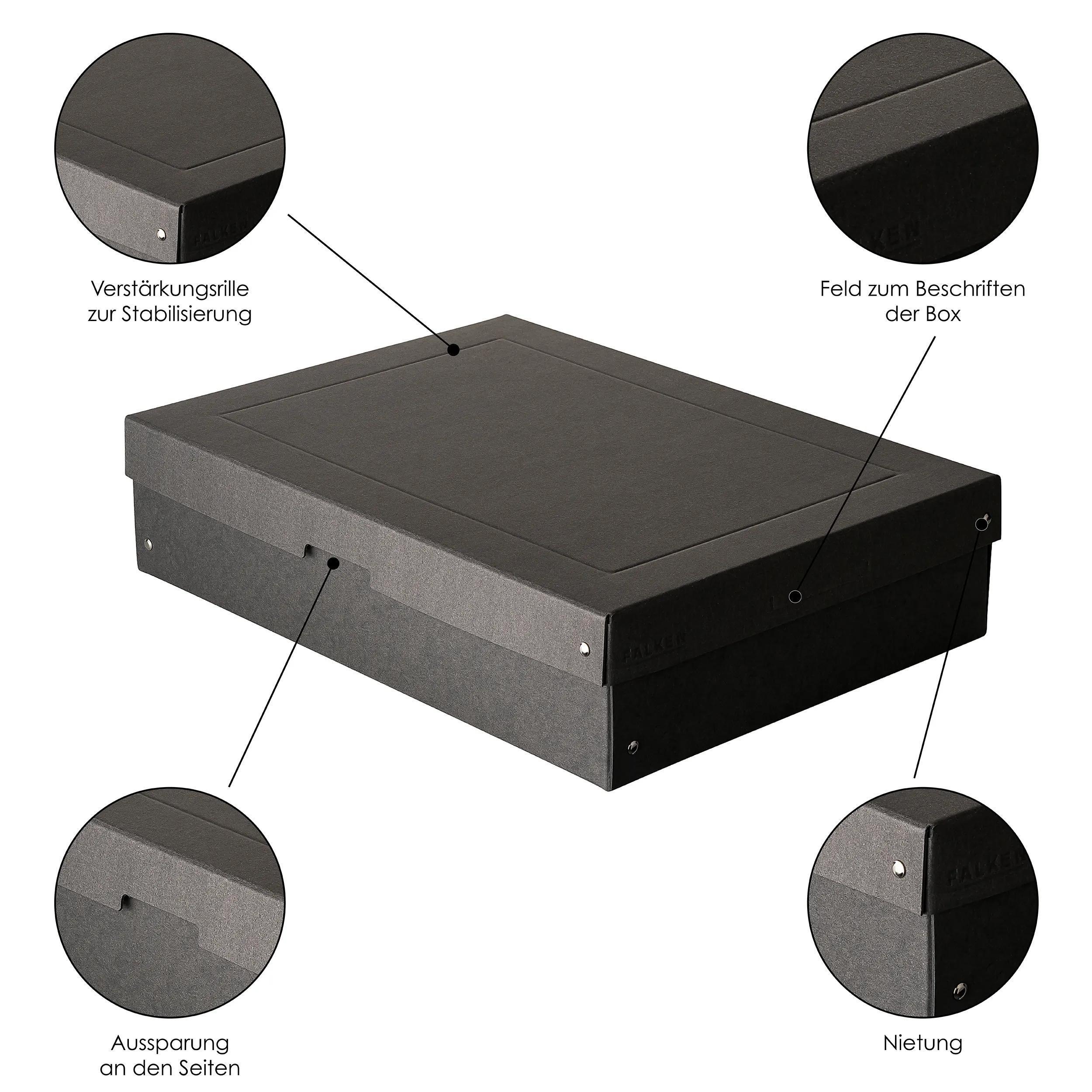 Caja de almacenamiento gris oscuro con tapa, primeros planos muestran detalles.
