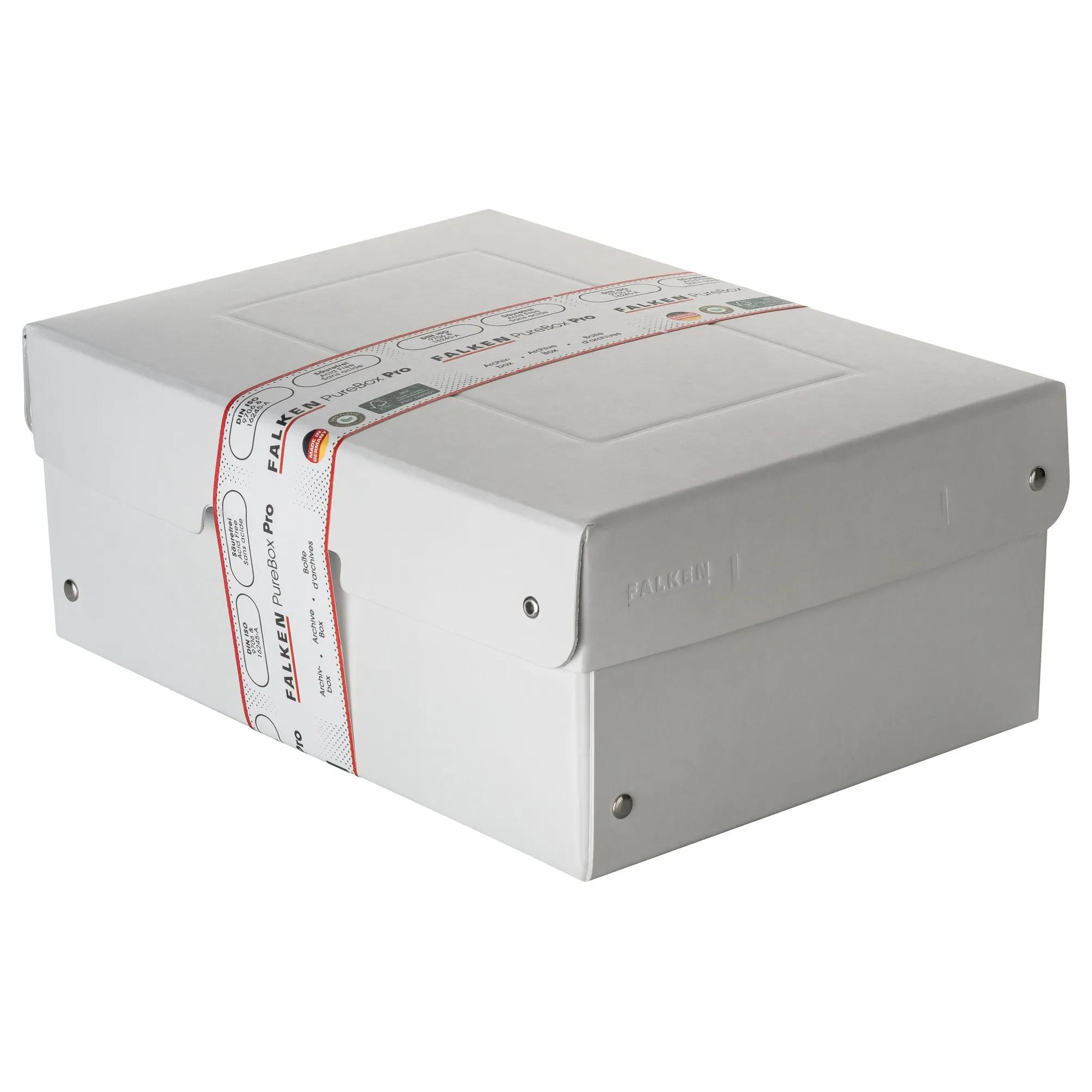 Caja de archivo blanca Falken PureBox Pro con impresión y banda roja.