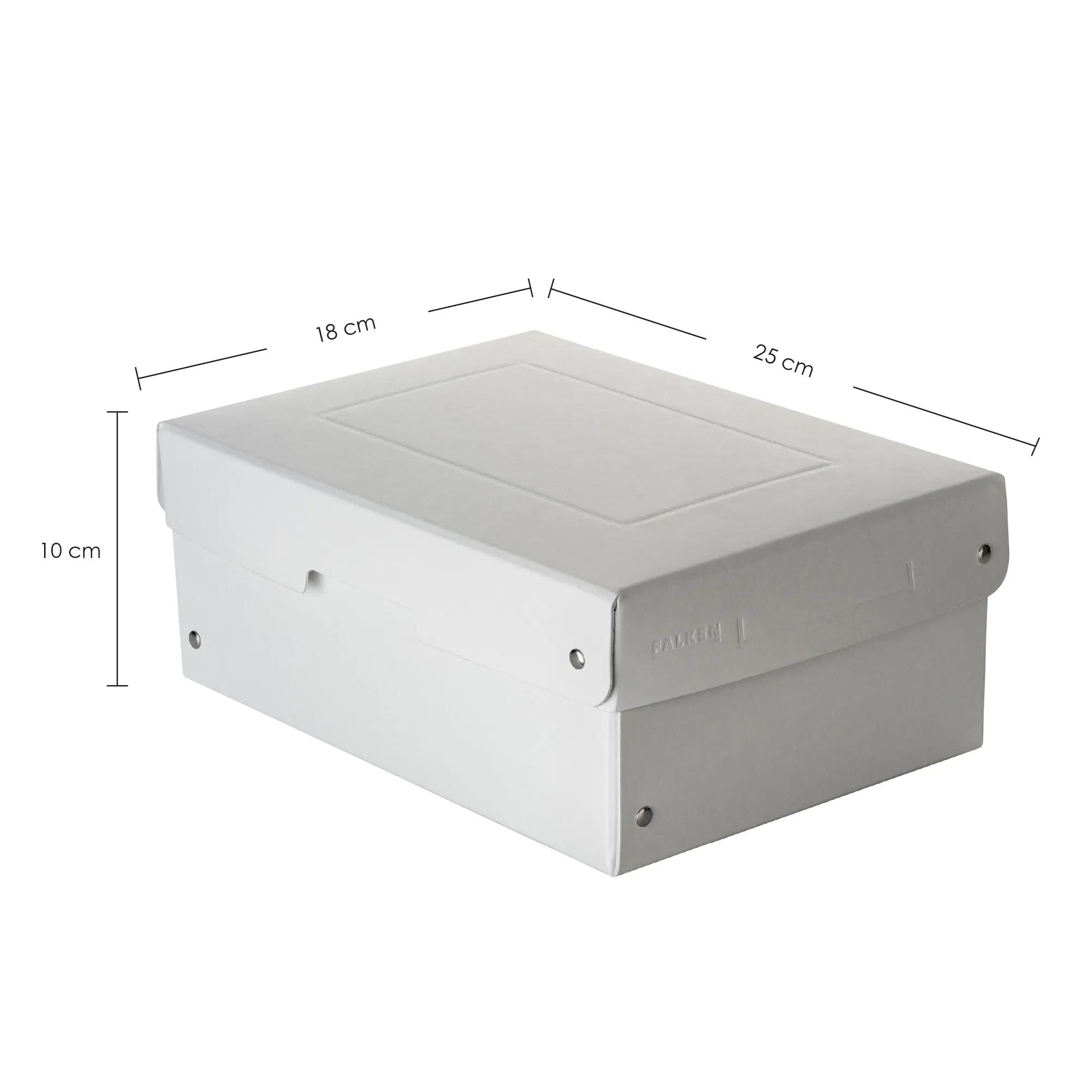 Caja blanca con dimensiones de 18x25x10 cm, sobre fondo blanco.