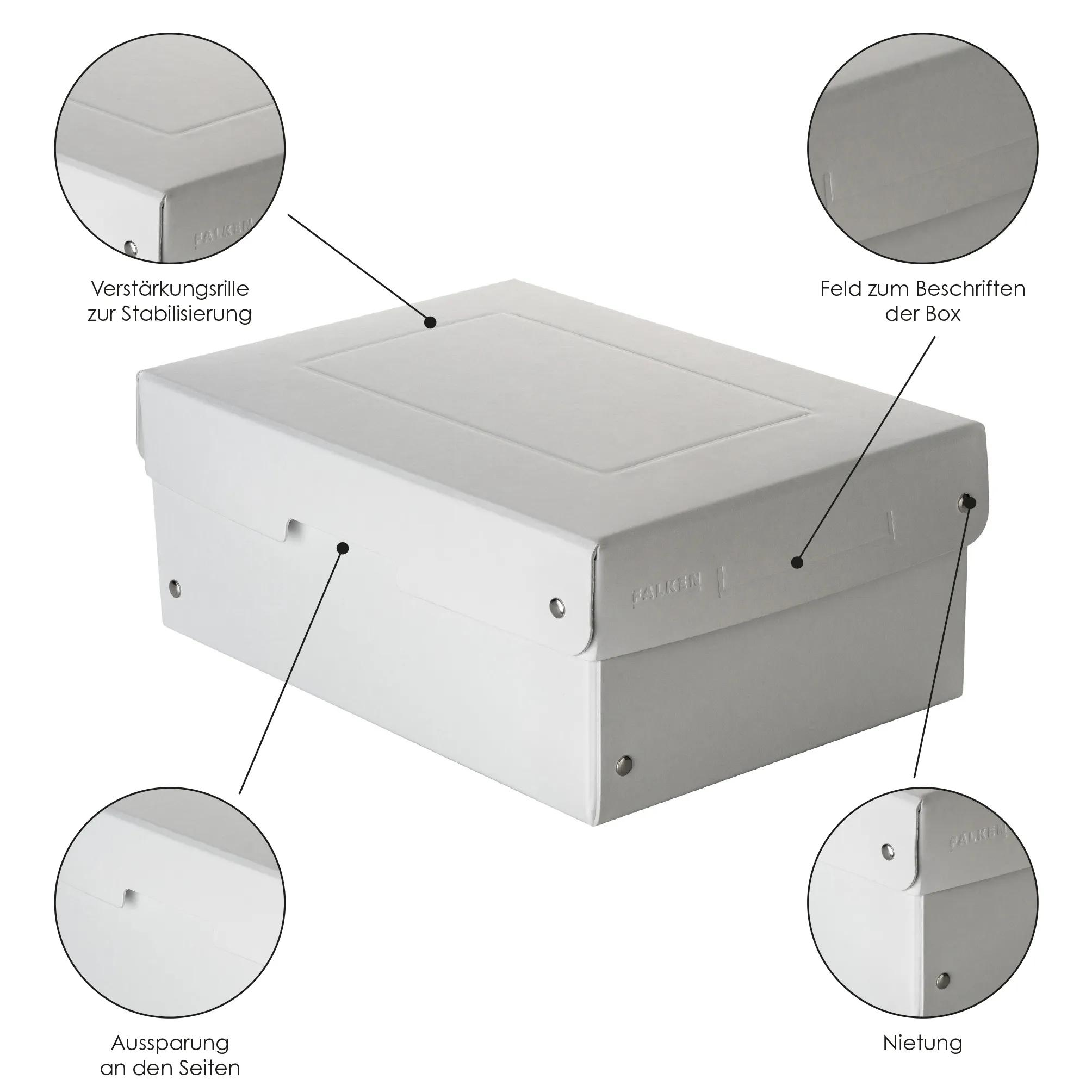 Caja de almacenamiento blanca con esquina reforzada y campo para etiquetar.