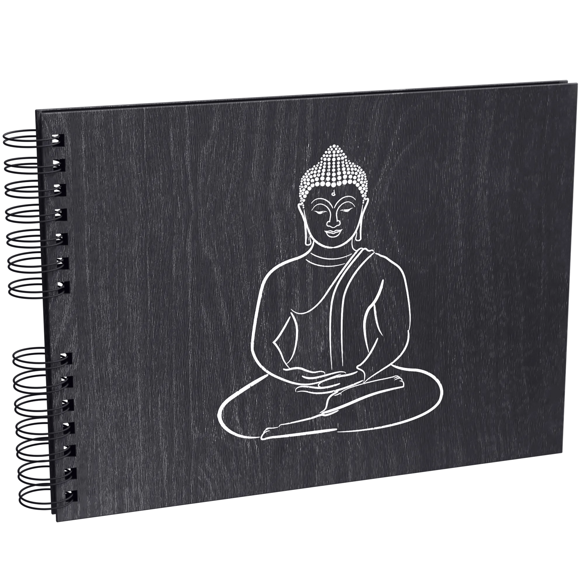 Un cuaderno negro con espiral con una ilustración blanca de Buda.