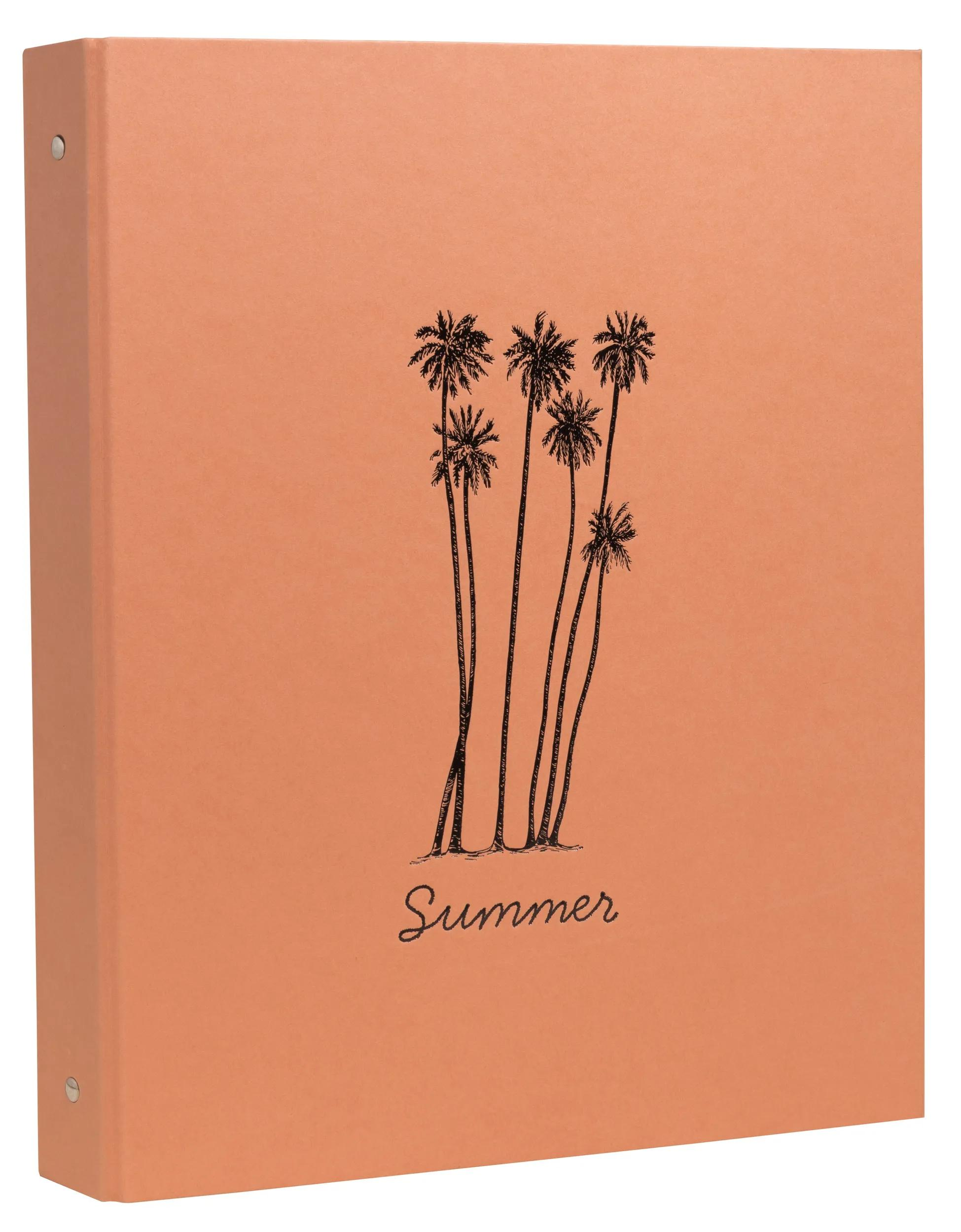 Carpeta naranja con dibujo de palmeras y texto "Summer".