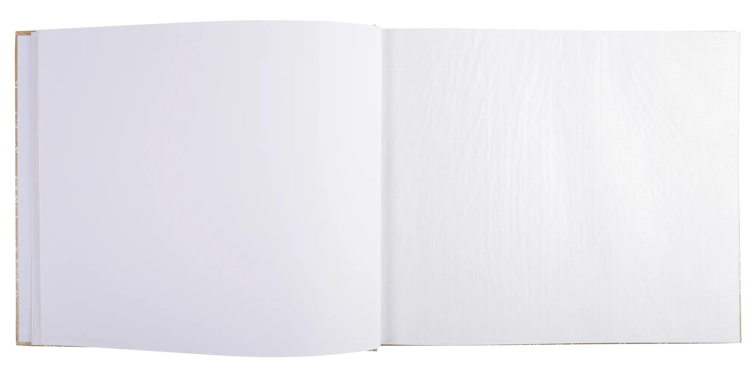 Un libro abierto con páginas blancas y vacías y una cubierta clara.