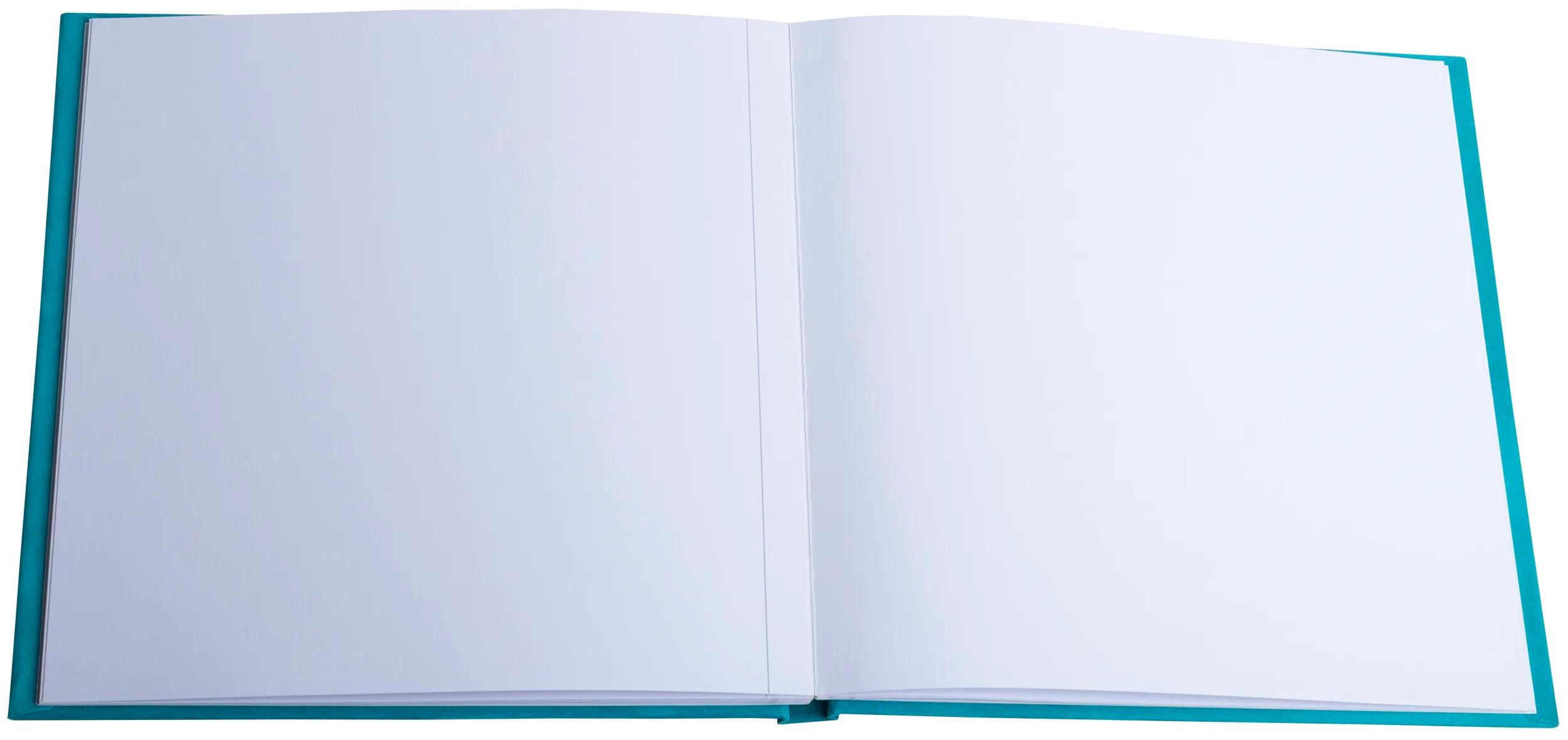 Un cuaderno abierto con cubierta turquesa y páginas blancas en blanco.