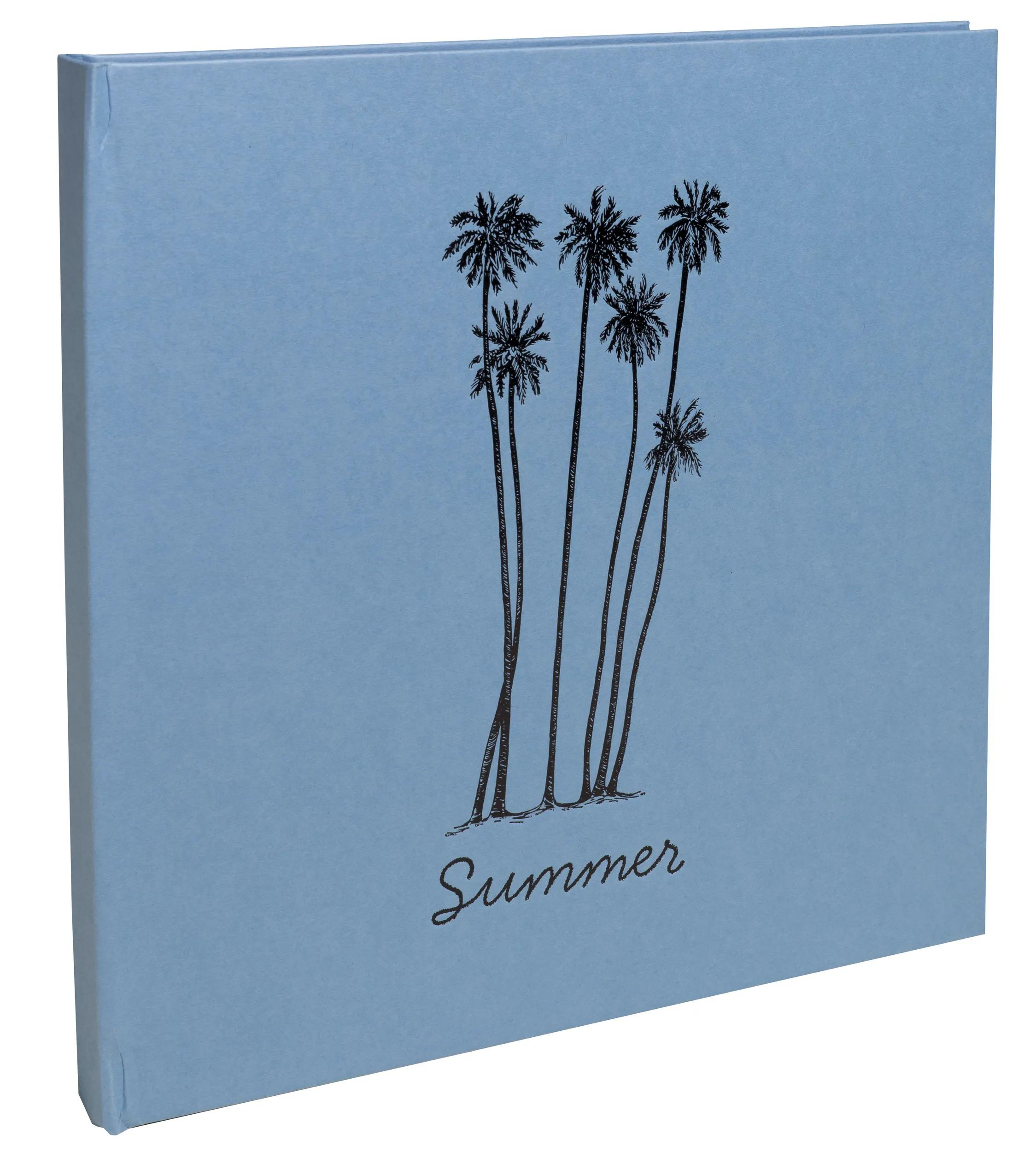 Un libro azul claro con dibujos de palmeras y la palabra "Summer".