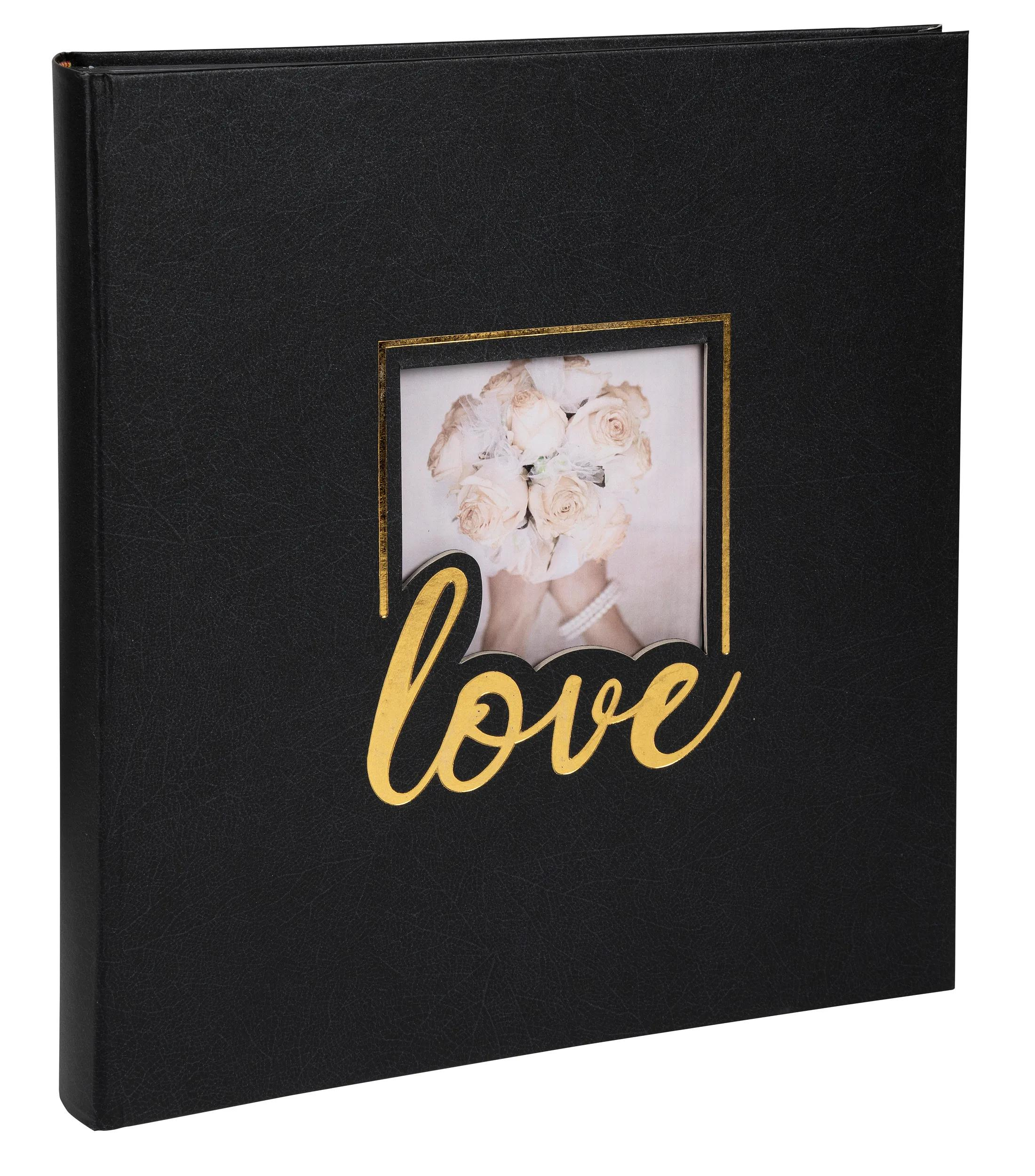 Álbum negro con letras doradas "Love" y foto de ramo de rosas.