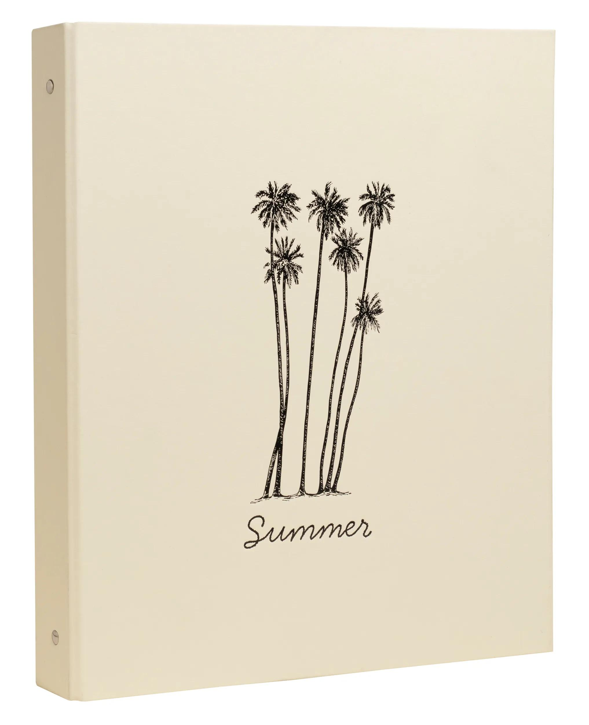 Carpeta color crema con dibujo negro de palmeras y la palabra Verano.