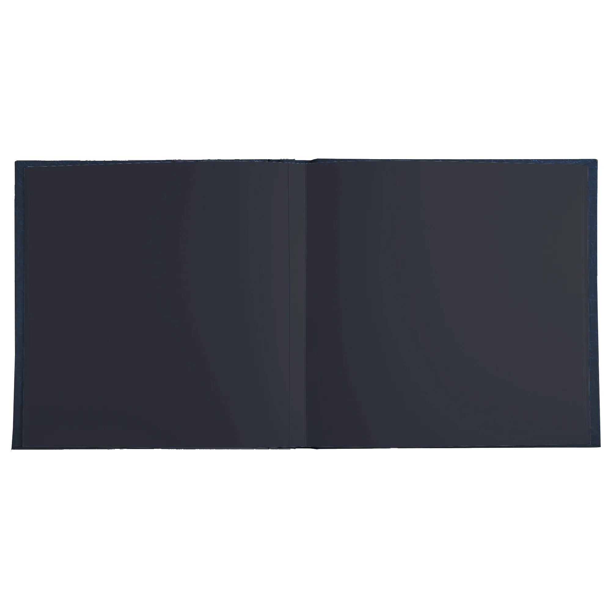 Un cuaderno abierto azul oscuro con páginas en blanco yace sobre un fondo verde.