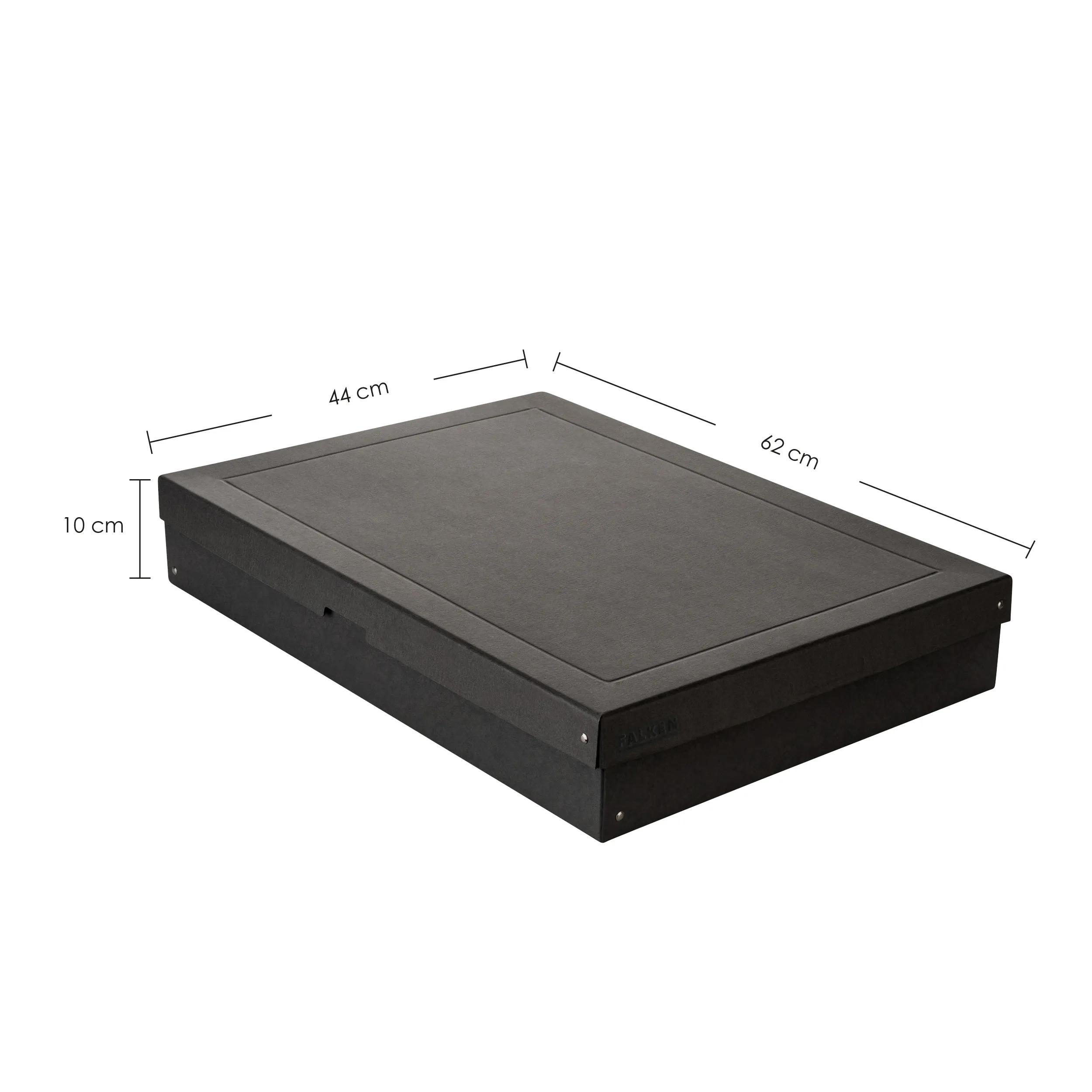 Una caja negra con medidas de 10 cm de alto, 44 cm de ancho y 62 cm de largo.