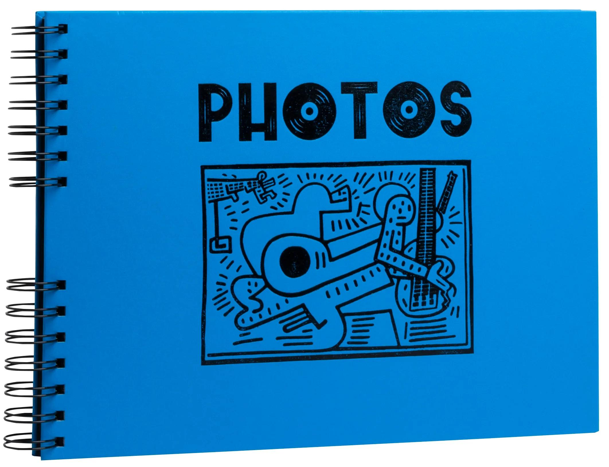 Un álbum de fotos azul con la palabra FOTOS y un dibujo lineal negro.