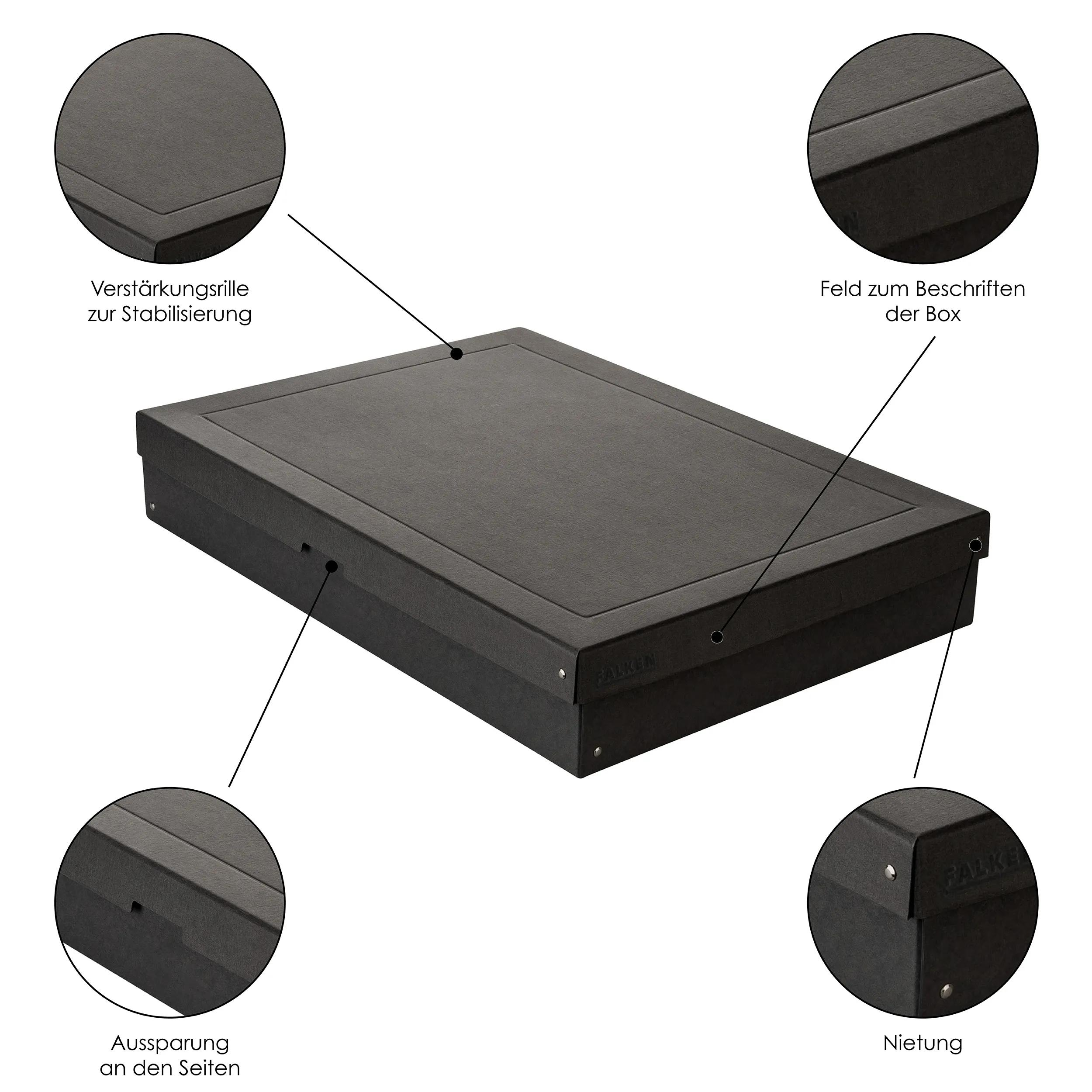 Caja de almacenamiento negra con primeros planos de detalles como ranura de refuerzo, campo de etiquetado, recorte y remaches.