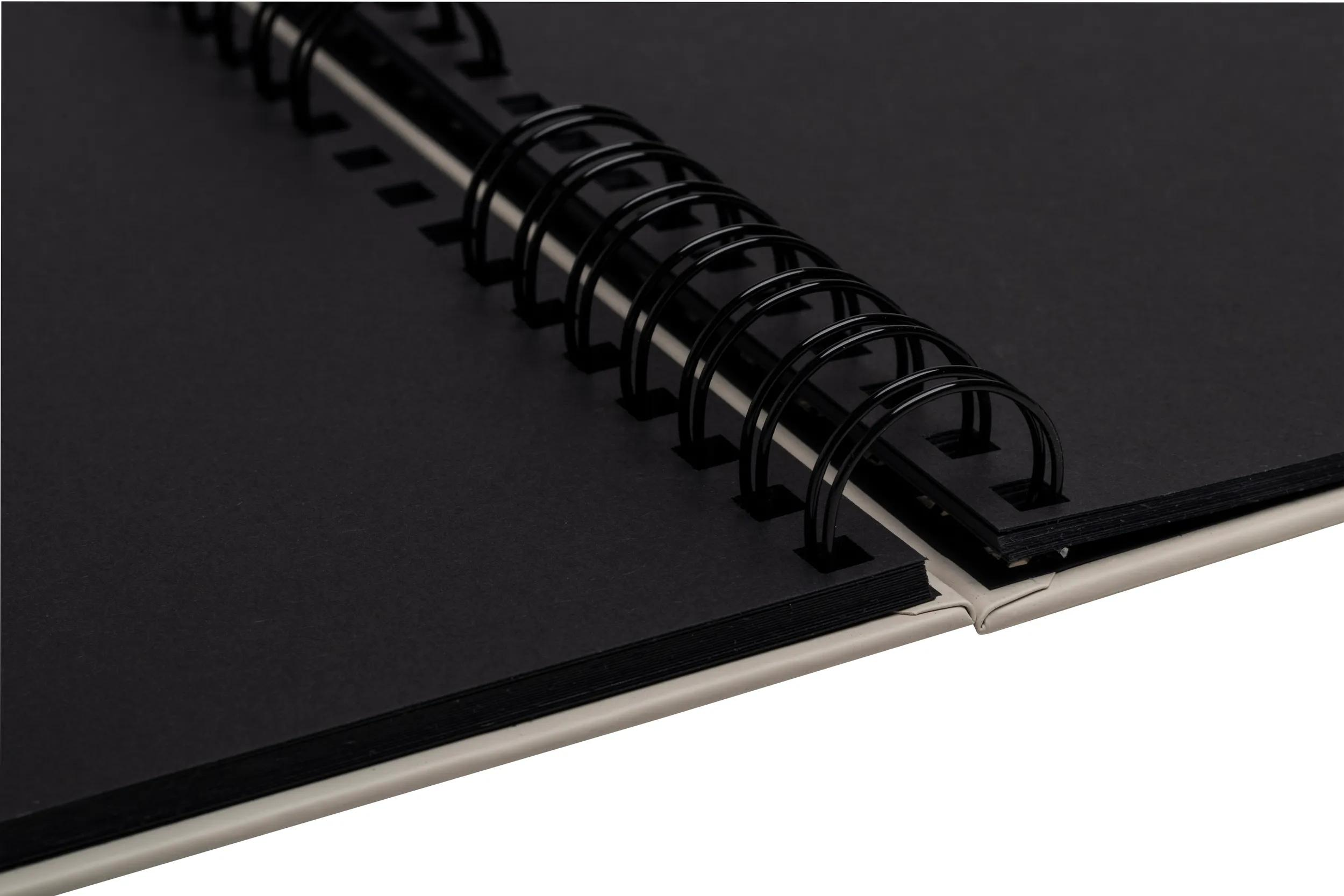 Primer plano de un cuaderno negro con espiral y páginas negras.