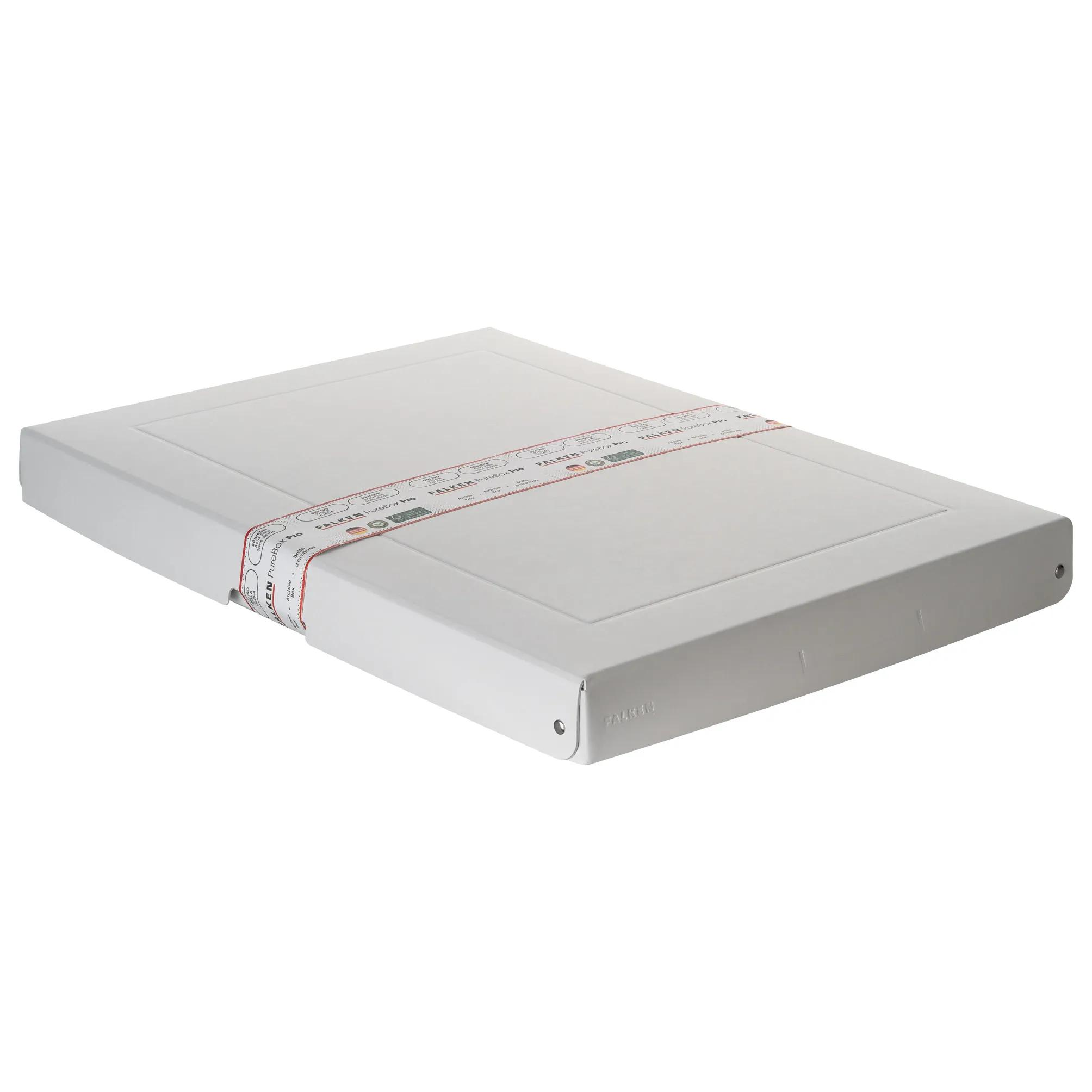 Caja de archivo blanca FALKEN PureBox Pro asegurada con banda.