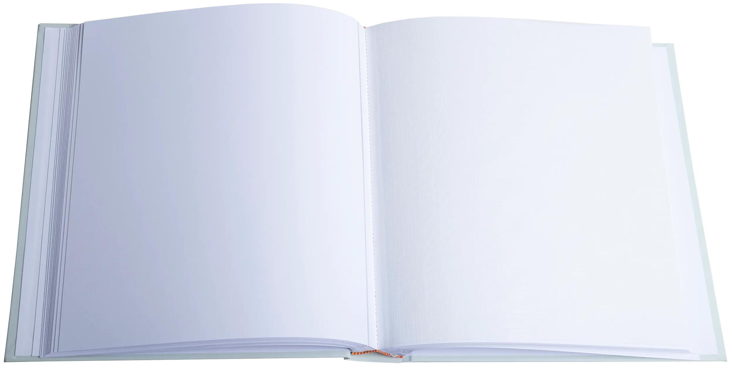 Un libro abierto con páginas blancas vacías y una cubierta gris claro.