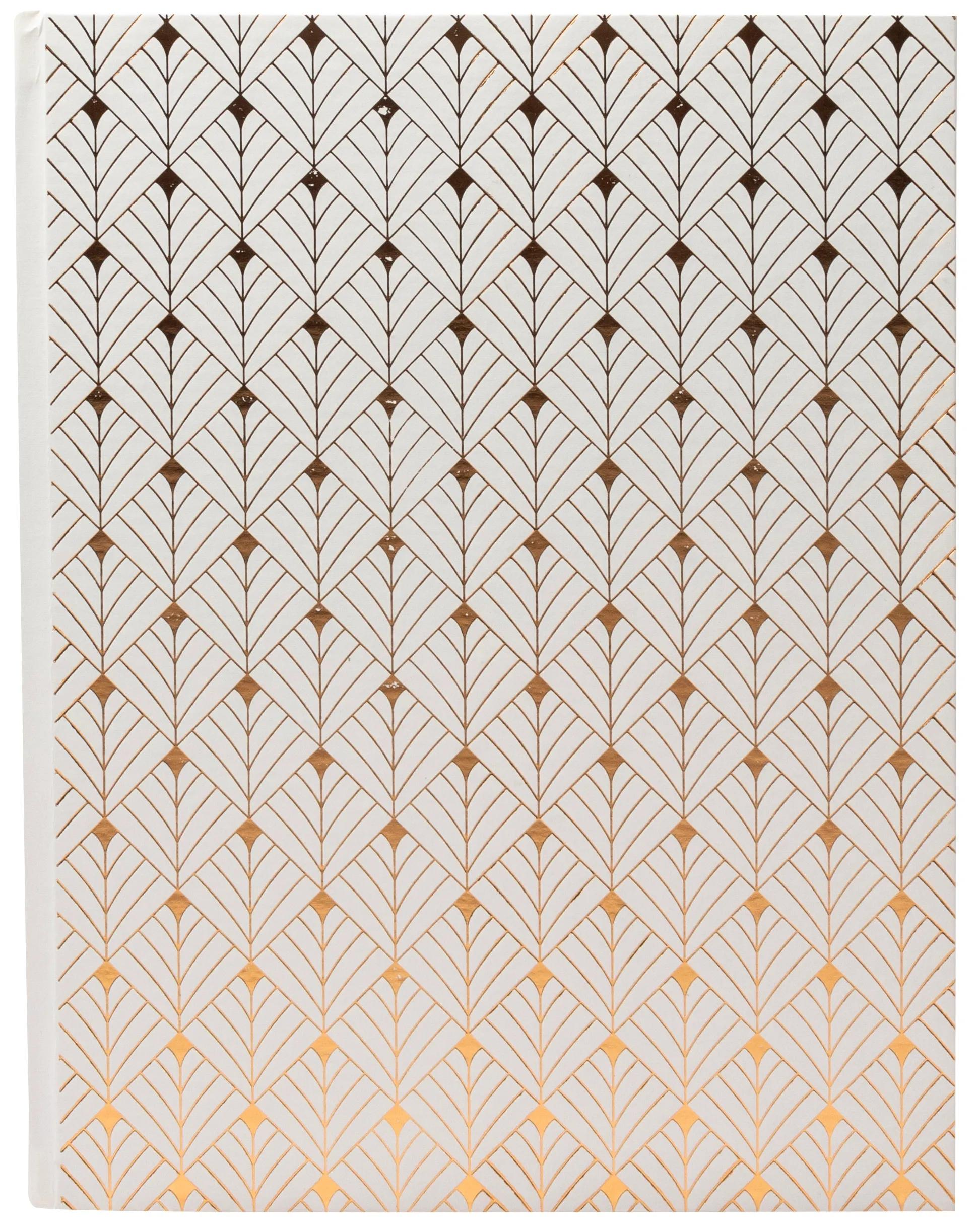 Un cuaderno blanco con un patrón geométrico de abanico en dorado y marrón.