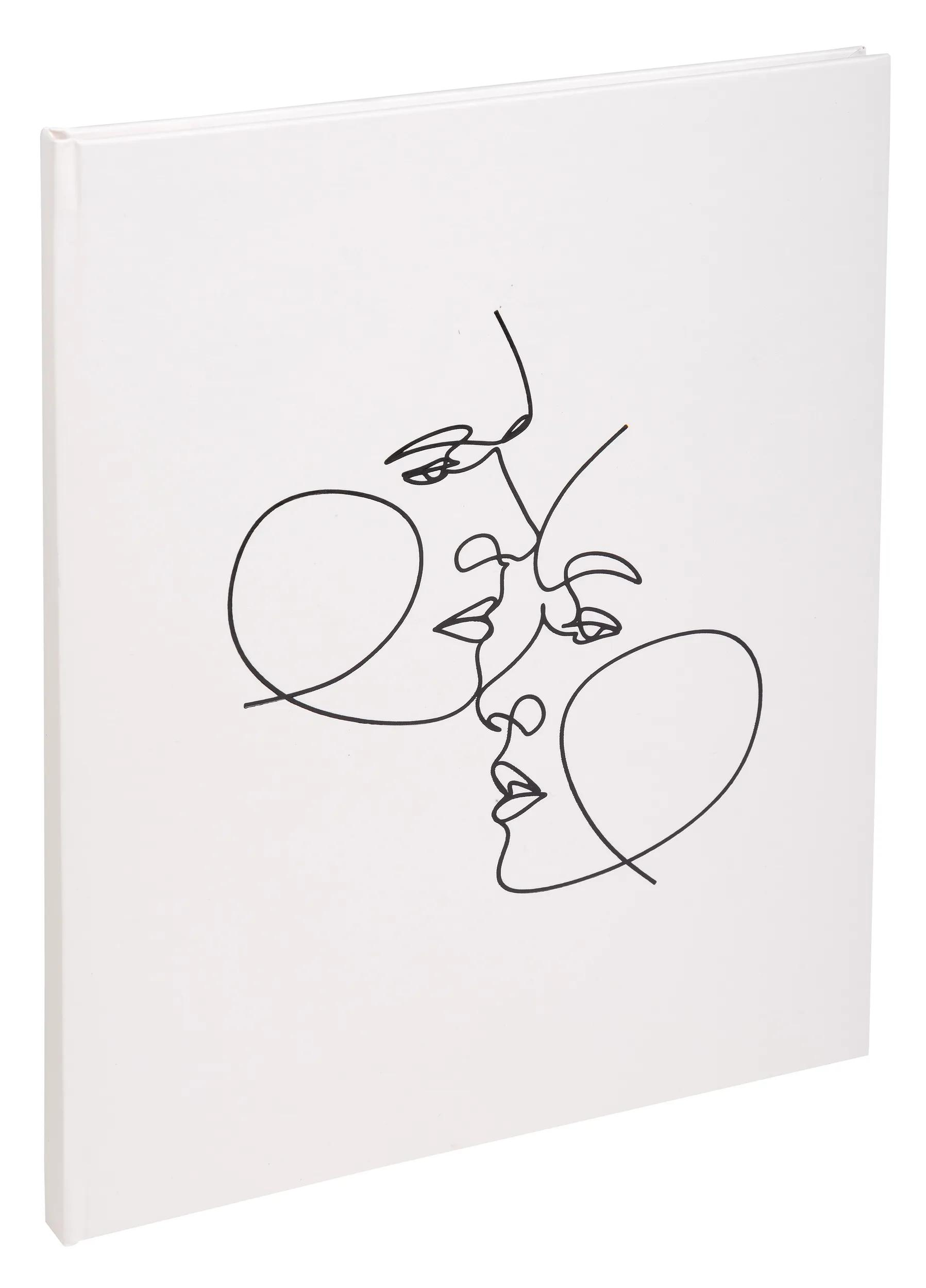 Un libro blanco con un dibujo lineal negro de dos caras tocándose.
