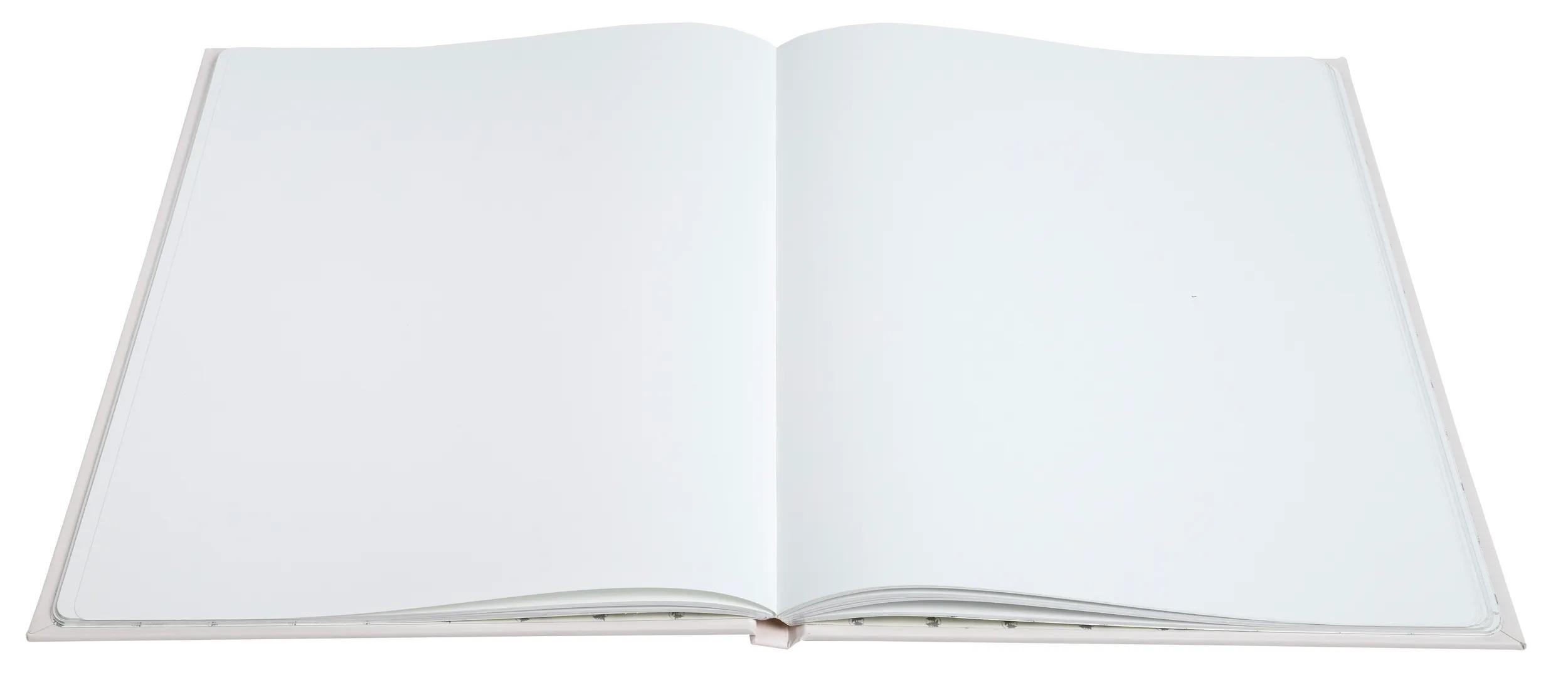 Un libro abierto con páginas blancas y vacías yace sobre una superficie blanca.