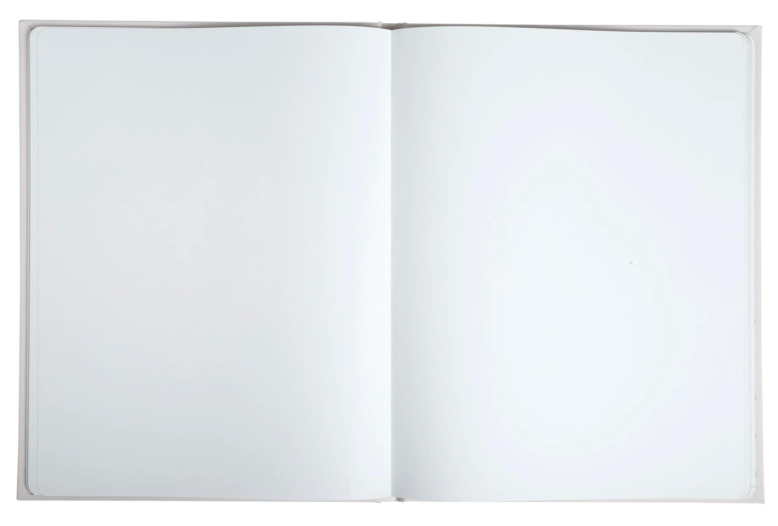 Un cuaderno abierto con páginas blancas vacías y una cubierta gris claro.