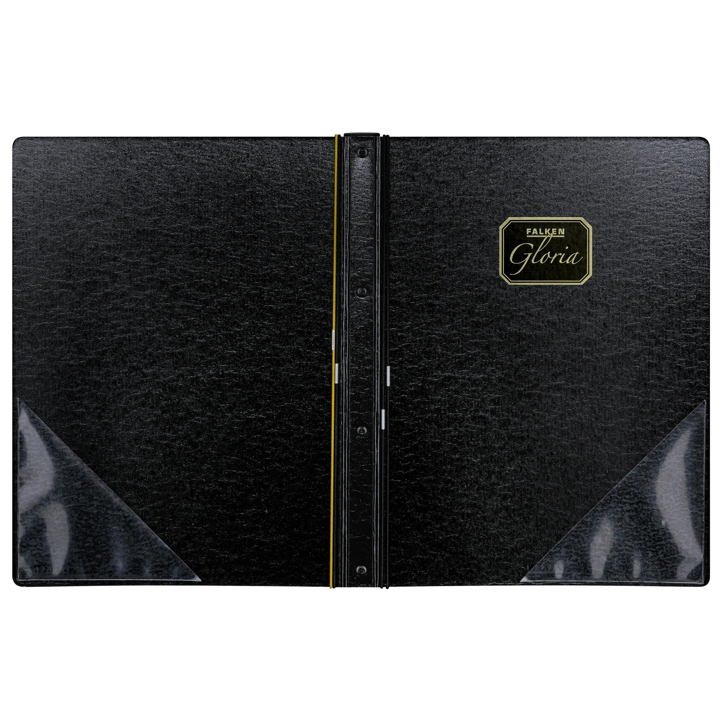 Carpeta negra con relieve dorado "Falken Gloria" y esquinas transparentes.