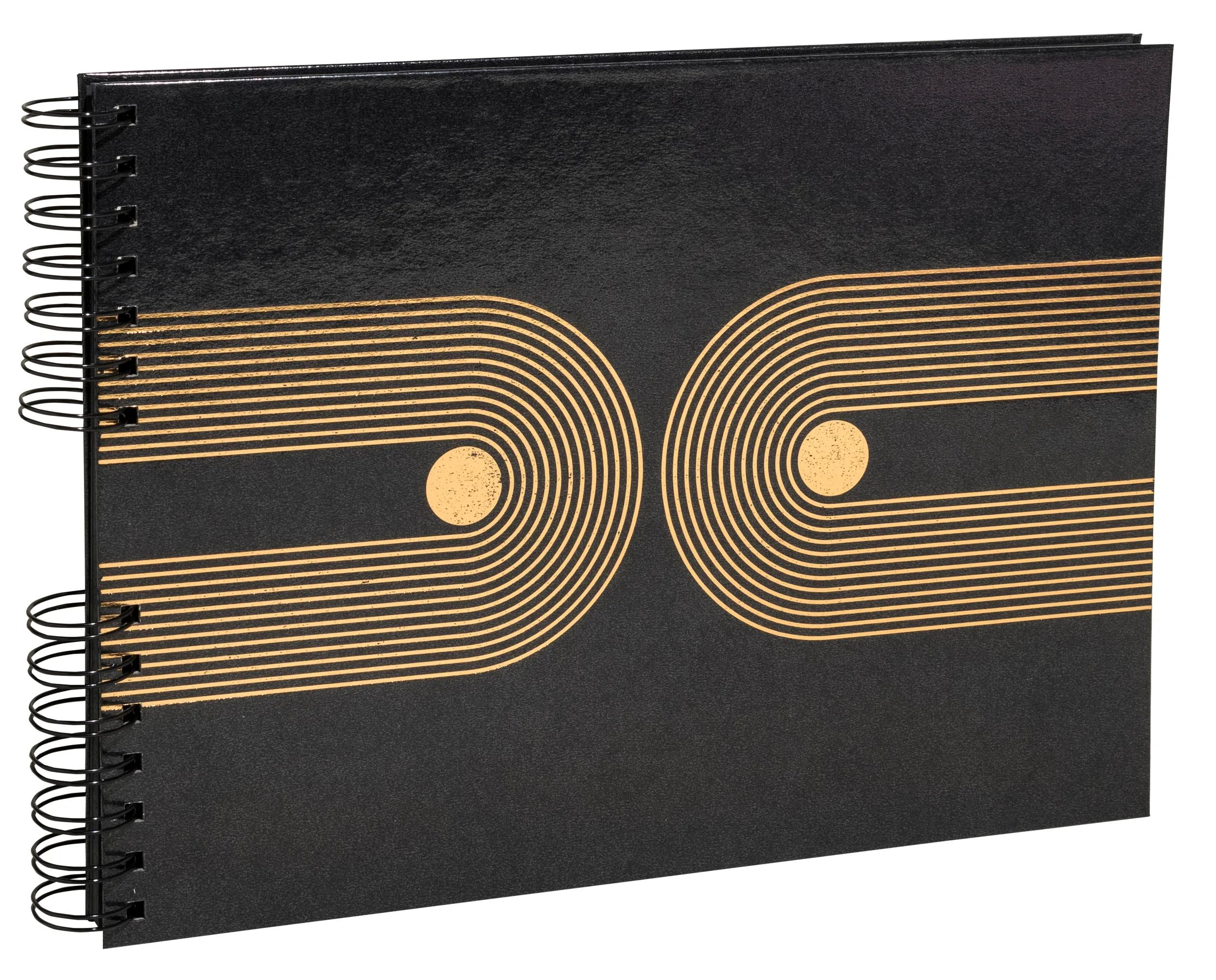 Cuaderno negro con espiral y diseño geométrico dorado.