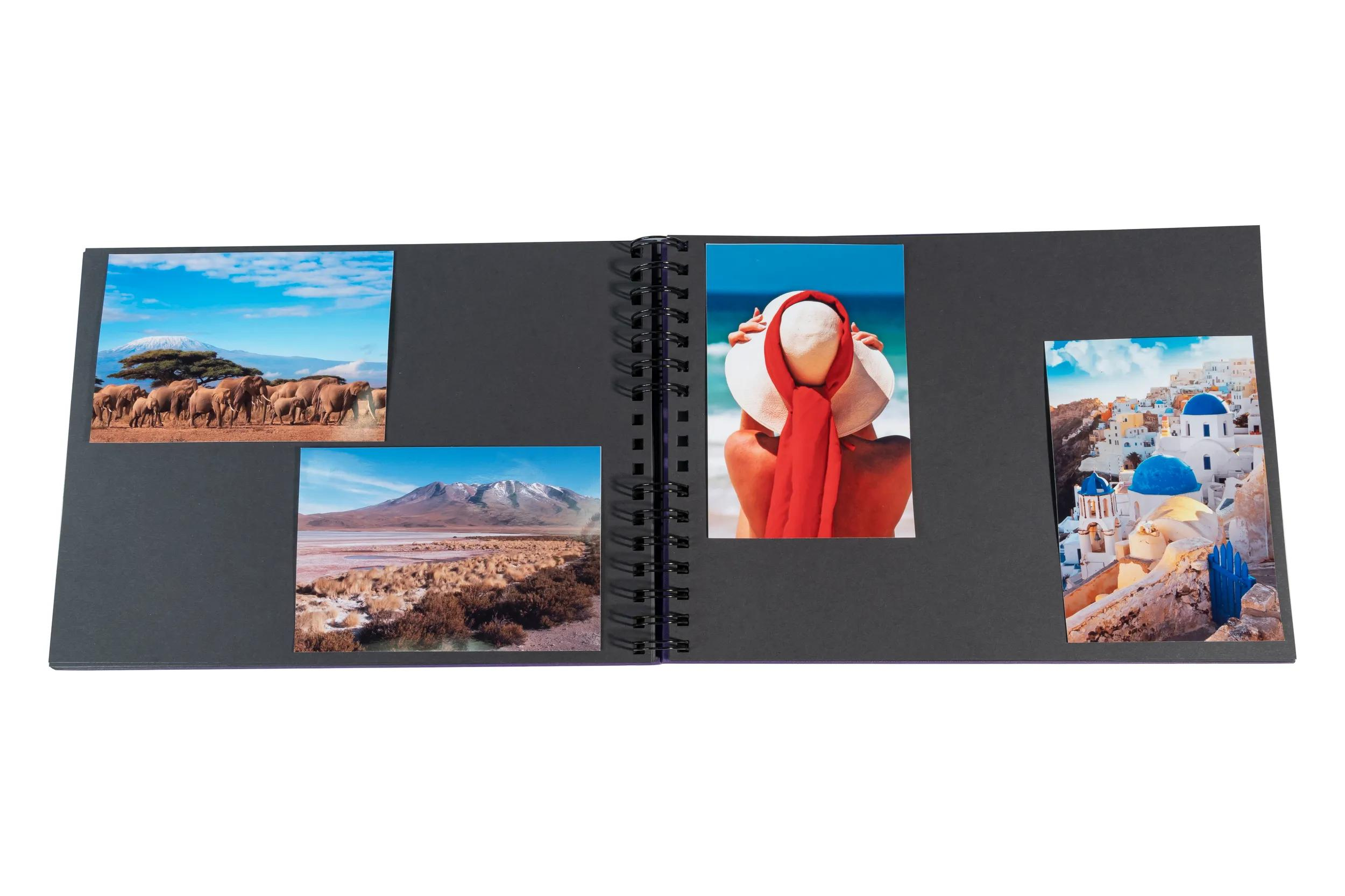 Un álbum de fotos con cuatro imágenes: elefantes ante el Kilimanjaro, montañas, mujer con sombrero, Santorini.