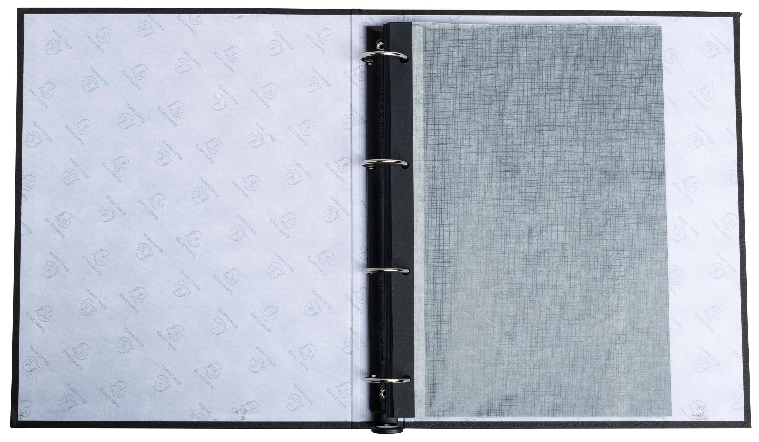 Carpeta abierta con hoja blanca y hoja gris texturizada.