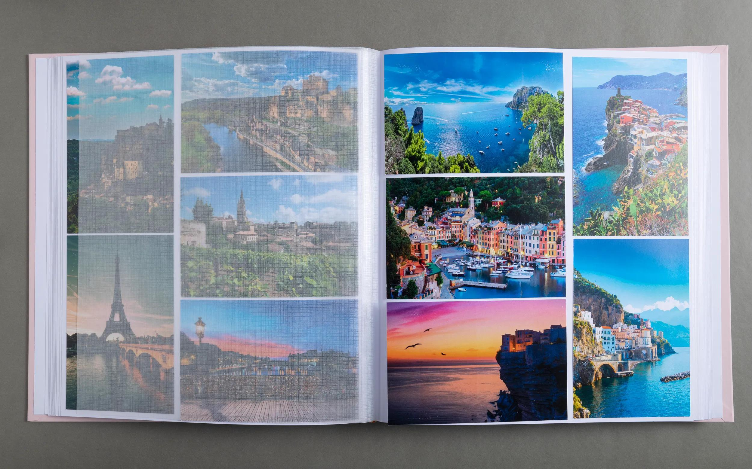 Un álbum de fotos con varias imágenes de diversos destinos de viaje. Las imágenes muestran paisajes, ciudades y monumentos.