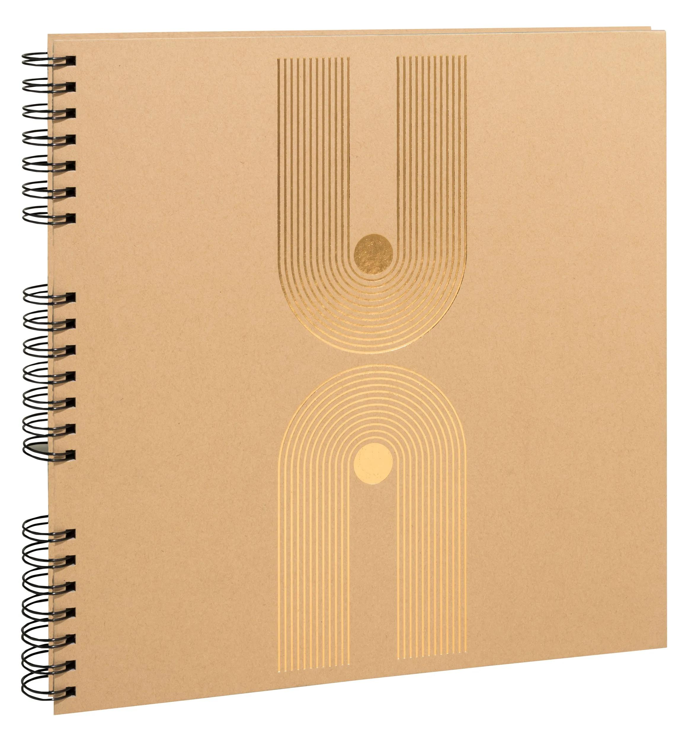 Cuaderno marrón con dos arcos dorados geométricos y círculos.