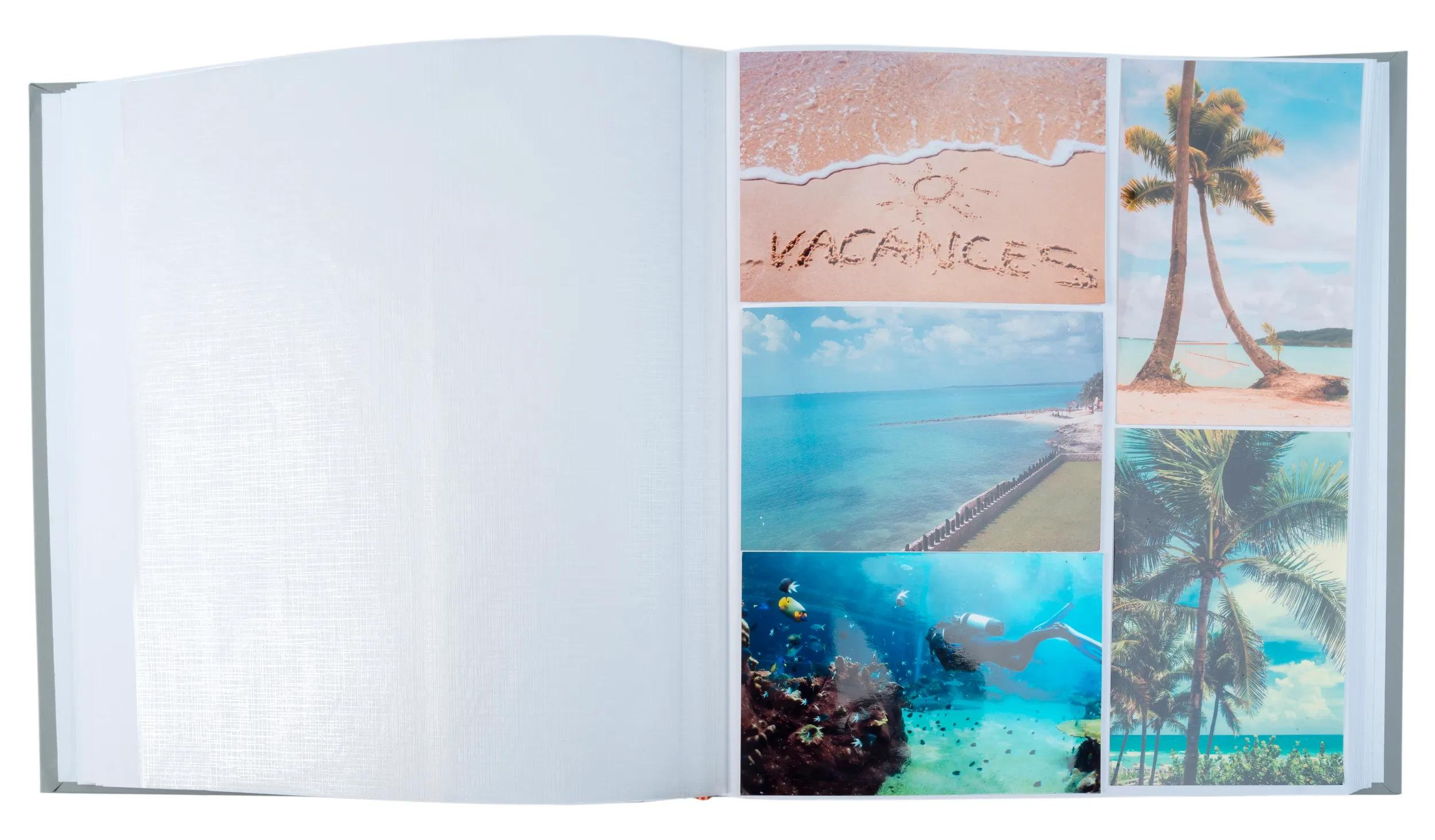 Un collage de fotos con temas vacacionales: playa, palmeras, mar y buceadores.