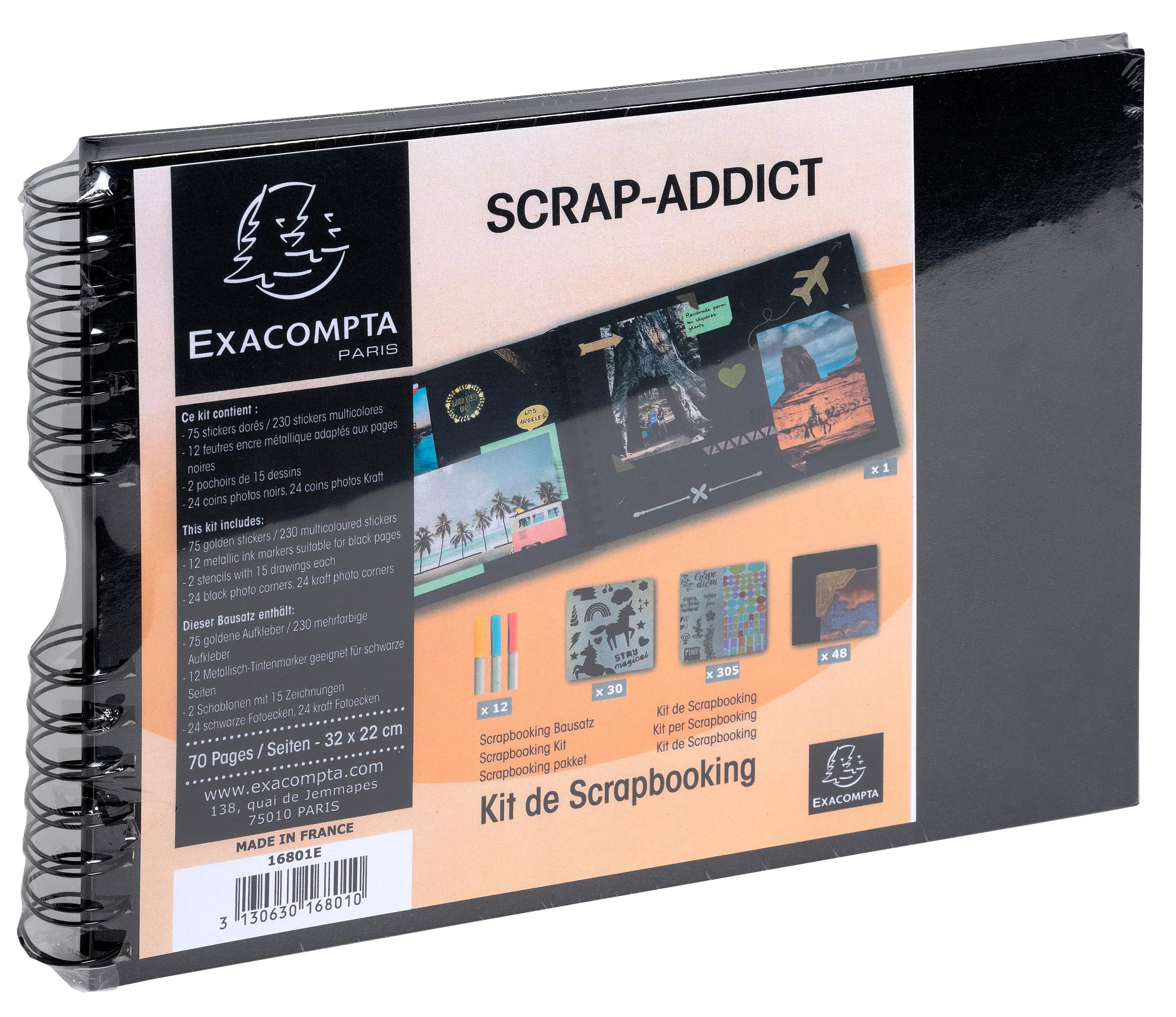 Kit de Scrapbooking Exacompta incluye pegatinas, marcadores, plantillas y esquinas para fotos.